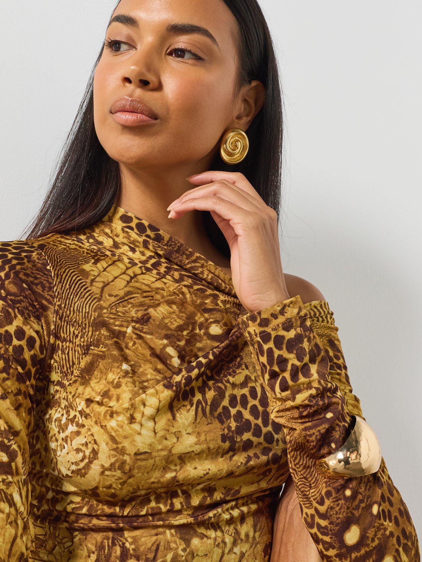 Image 5 of 6 of AllSaints Arlie Long Sleeve Off The Shoulder Top - Gold
