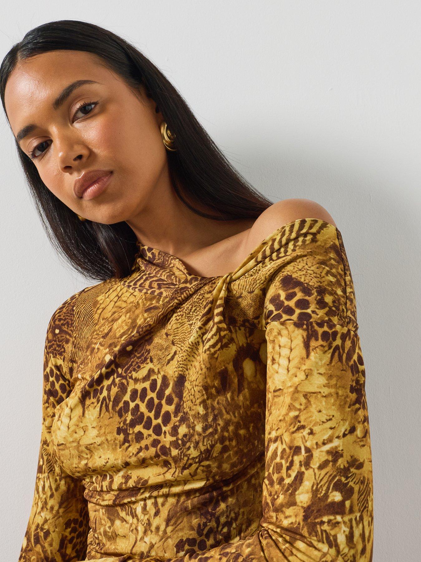 Image 6 of 6 of AllSaints Arlie Long Sleeve Off The Shoulder Top - Gold