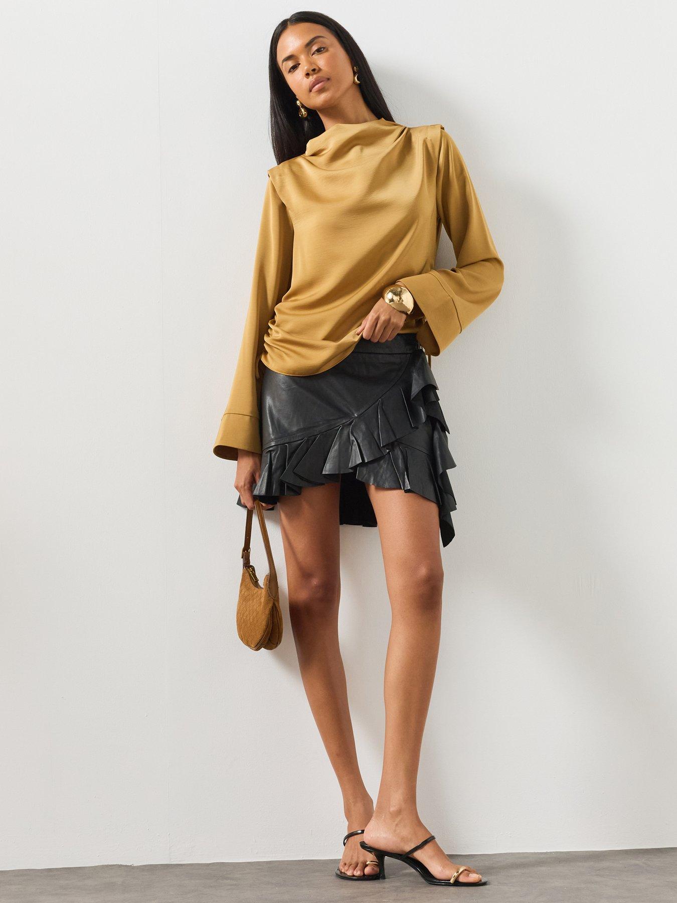Image 1 of 5 of AllSaints Luana Asymmetric Leather Mini Skirt - Black