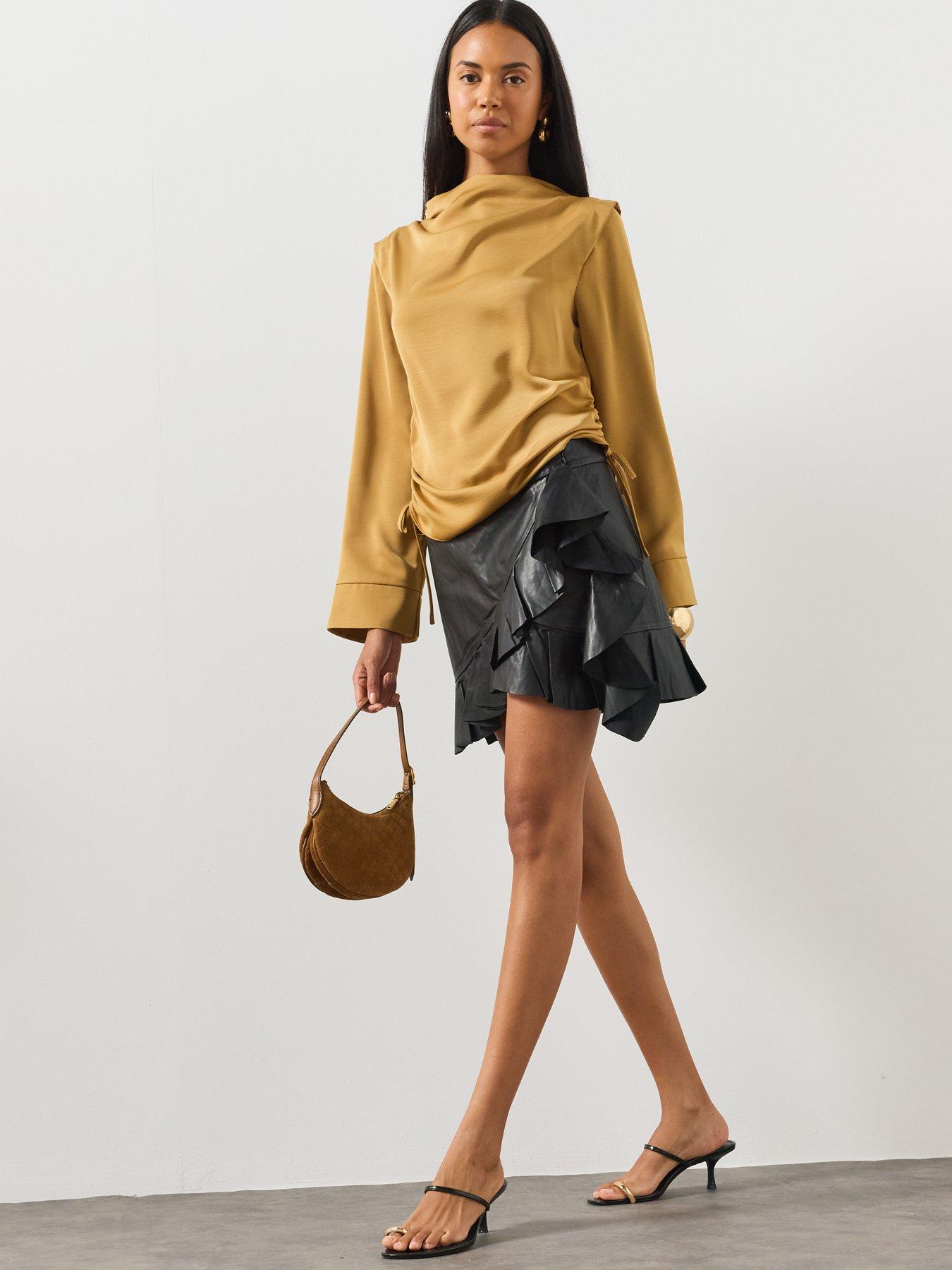 Image 3 of 5 of AllSaints Luana Asymmetric Leather Mini Skirt - Black