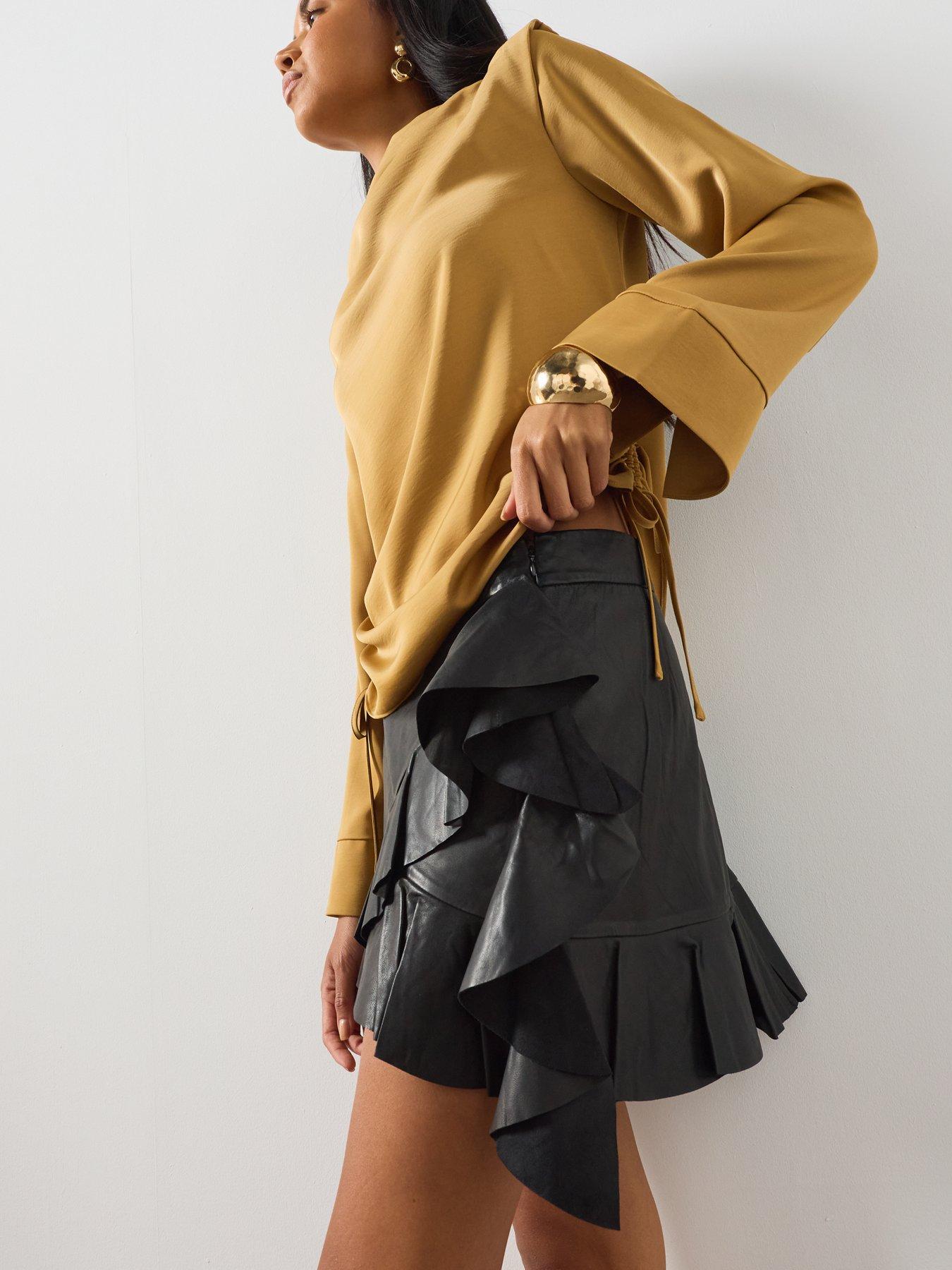 Image 4 of 5 of AllSaints Luana Asymmetric Leather Mini Skirt - Black