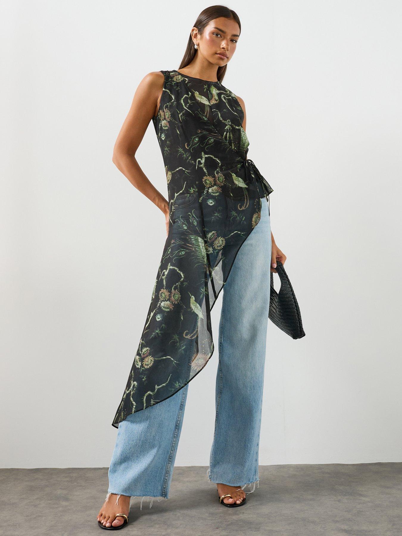 Image 1 of 6 of AllSaints Enola Asymmetric Printed Wrap Top - Green