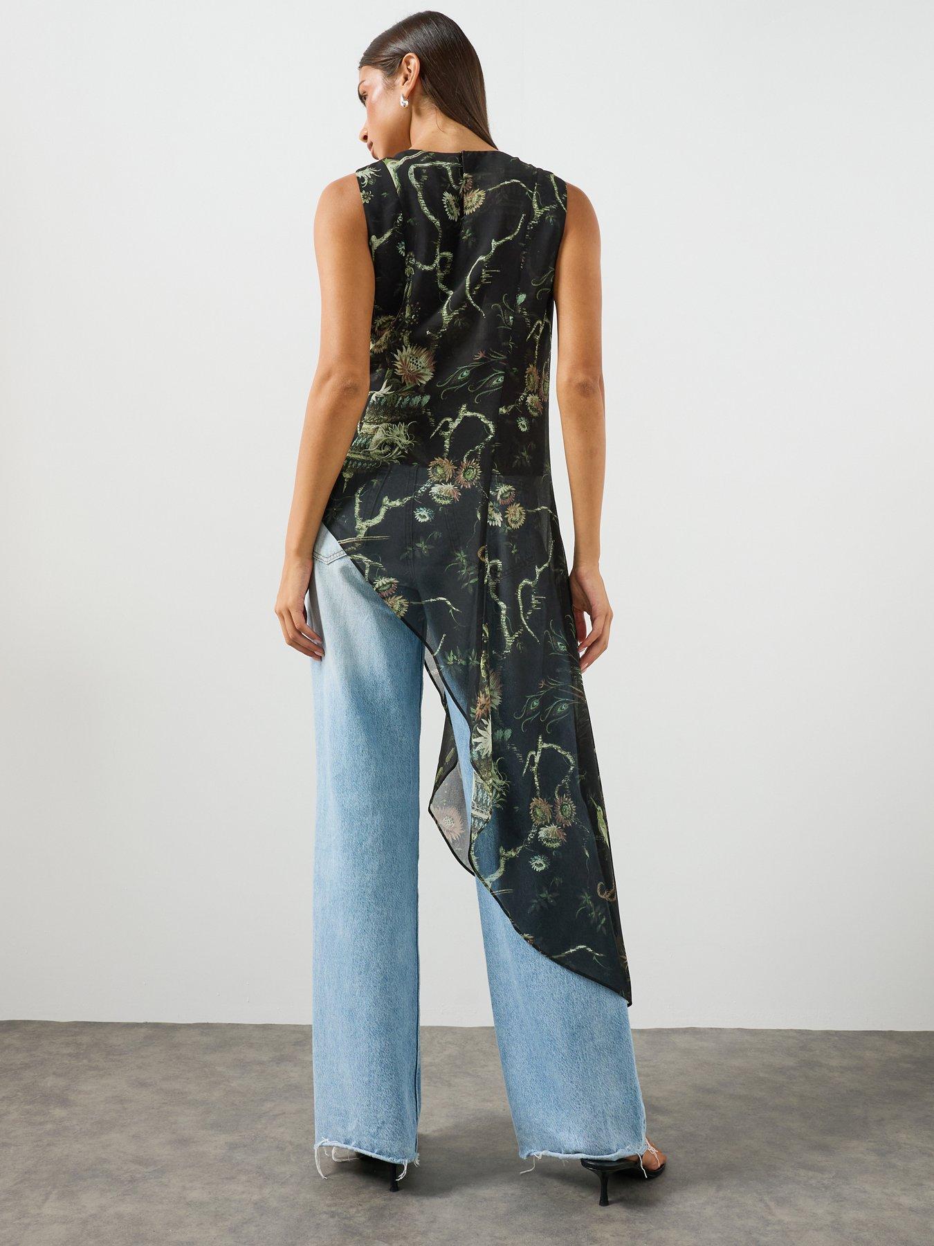 Image 2 of 6 of AllSaints Enola Asymmetric Printed Wrap Top - Green