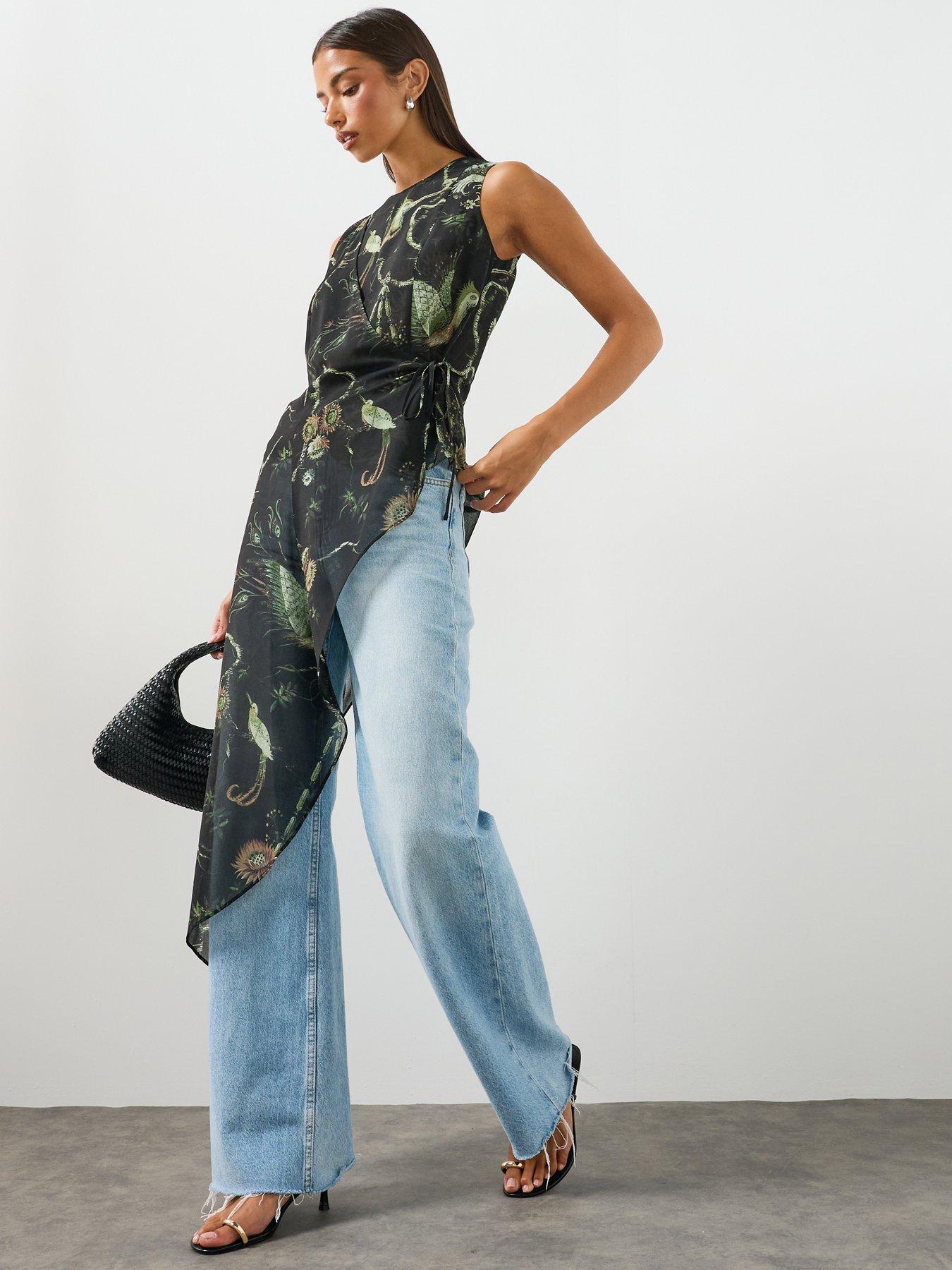 Image 3 of 6 of AllSaints Enola Asymmetric Printed Wrap Top - Green