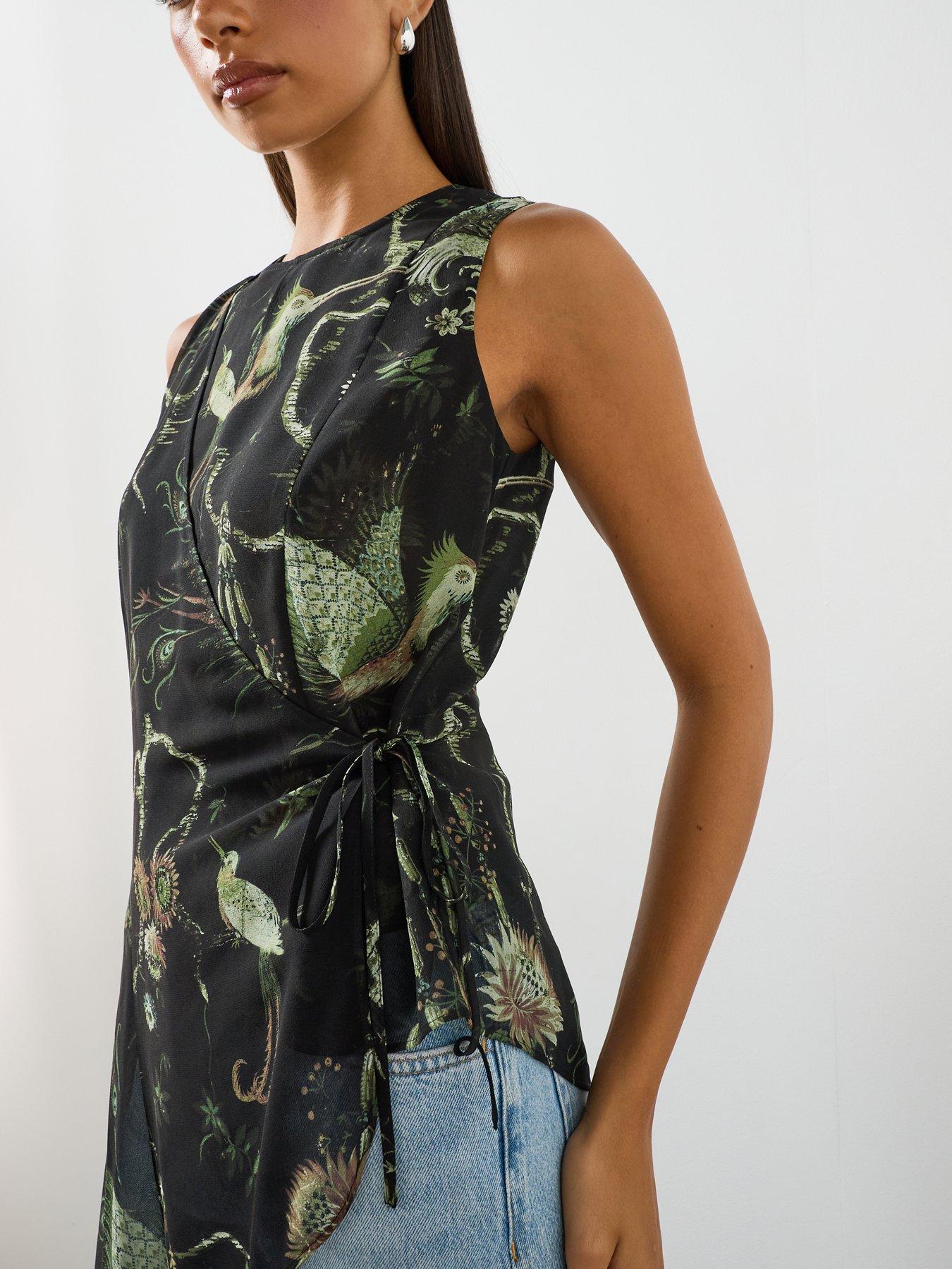 Image 6 of 6 of AllSaints Enola Asymmetric Printed Wrap Top - Green