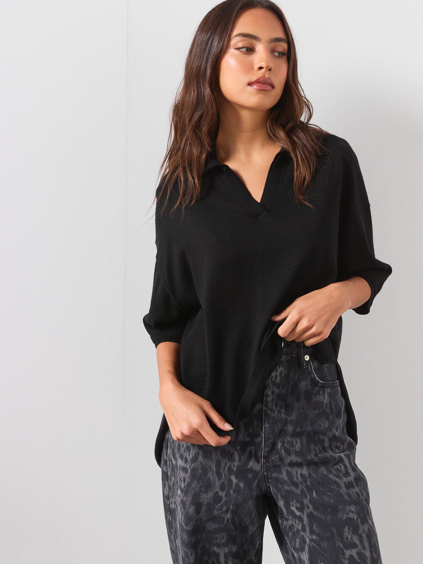 Image 6 of 6 of AllSaints Bern Short Sleeve Woven Wool Polo - Black