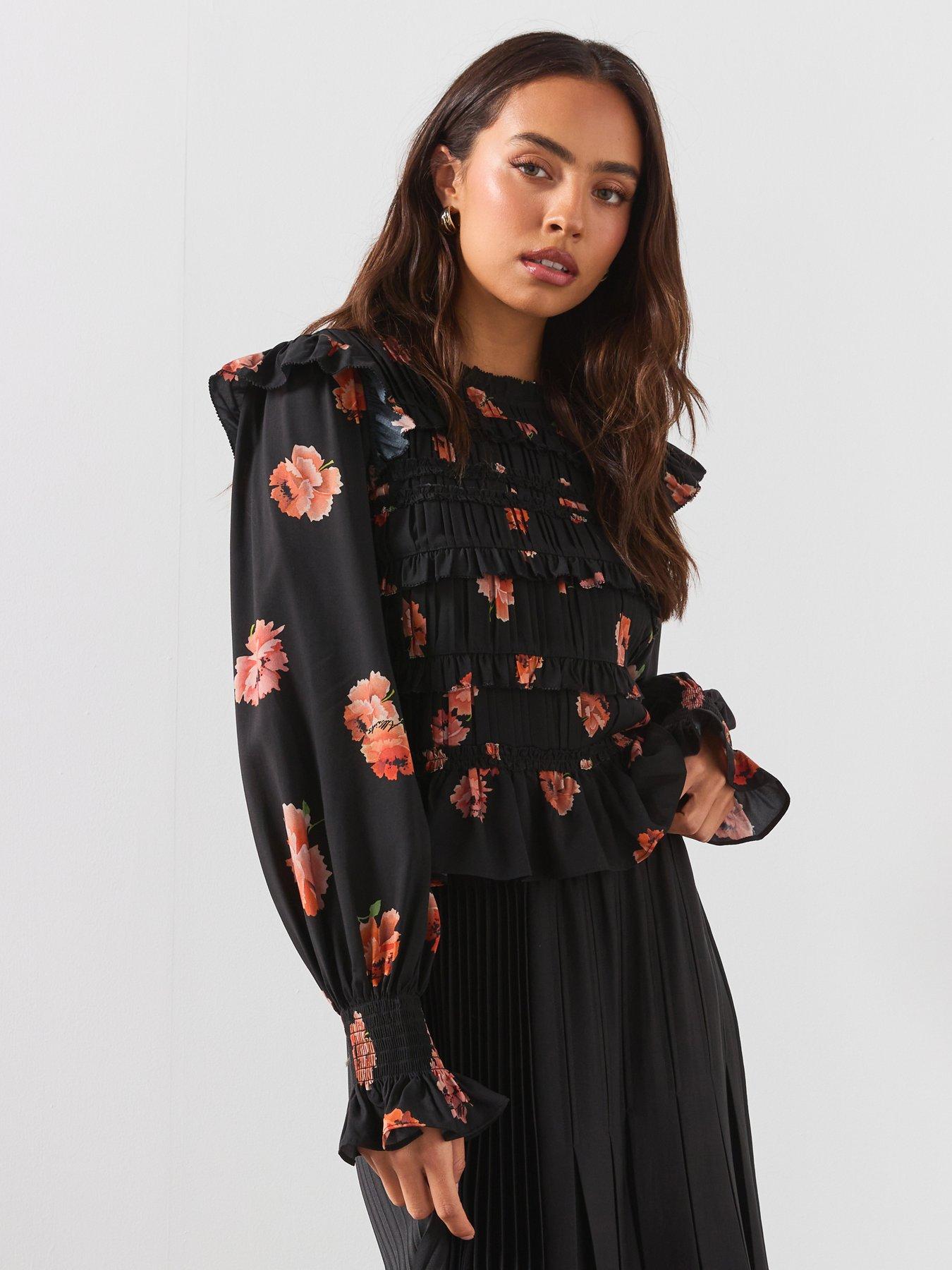 AllSaints Lauren Floral Textured Frill Blouse Top - Black