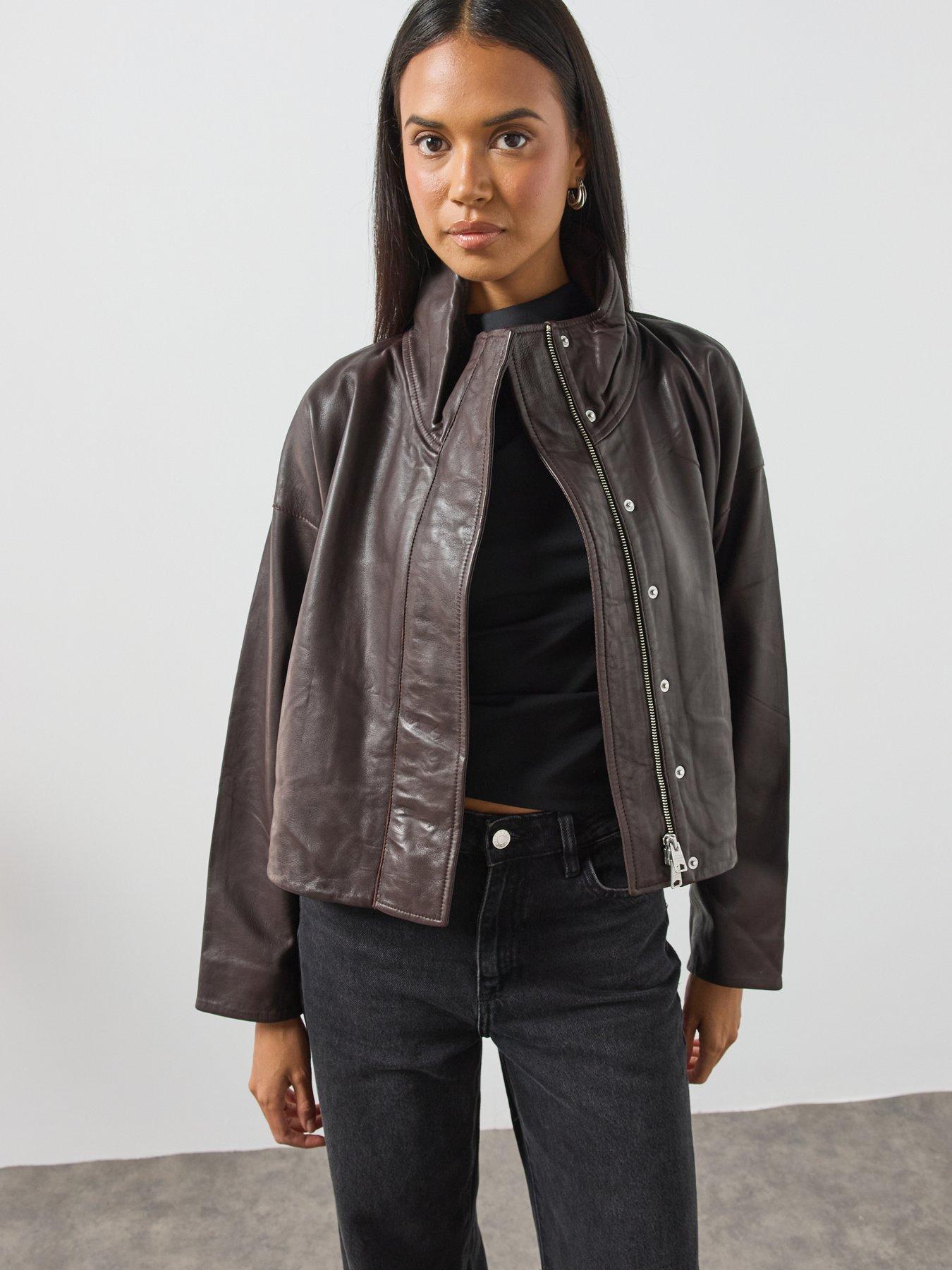 Image 5 of 6 of AllSaints Ryder Funnel Neck Leather Jacket - Red