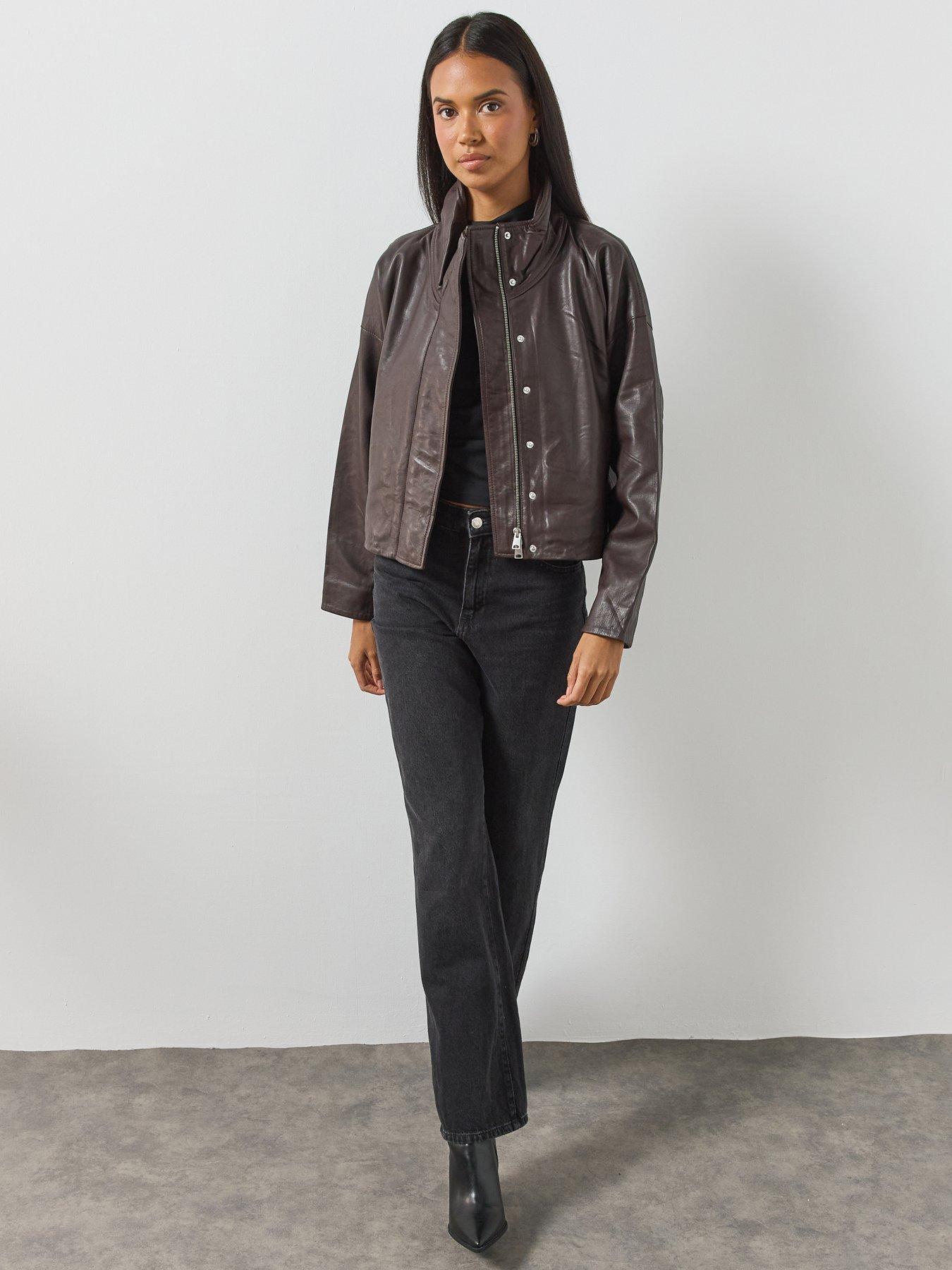 Image 6 of 6 of AllSaints Ryder Funnel Neck Leather Jacket - Red
