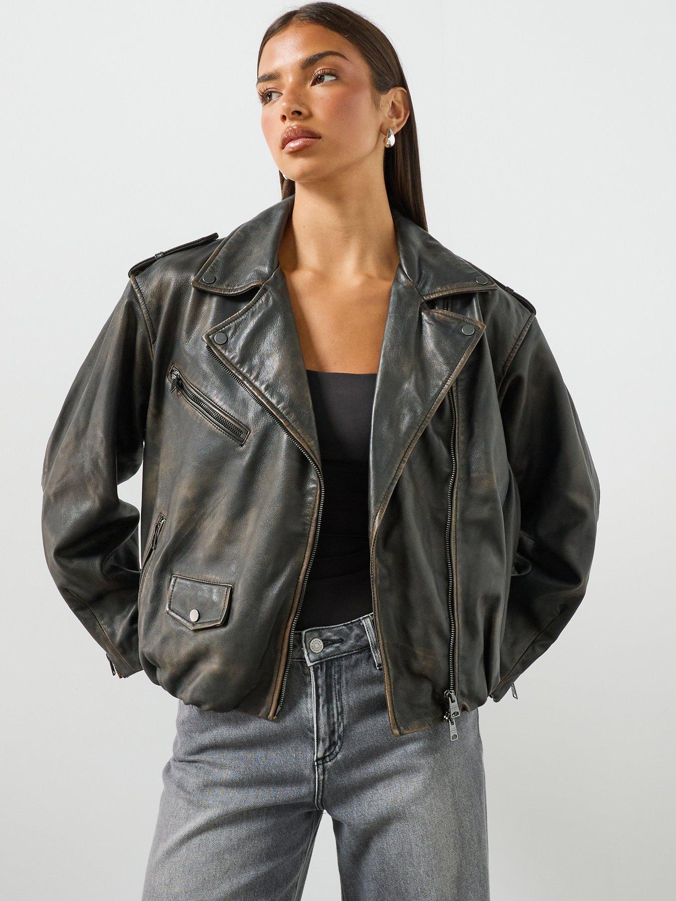 AllSaints Samina Relaxed Fit Leather Biker Jacket - Black