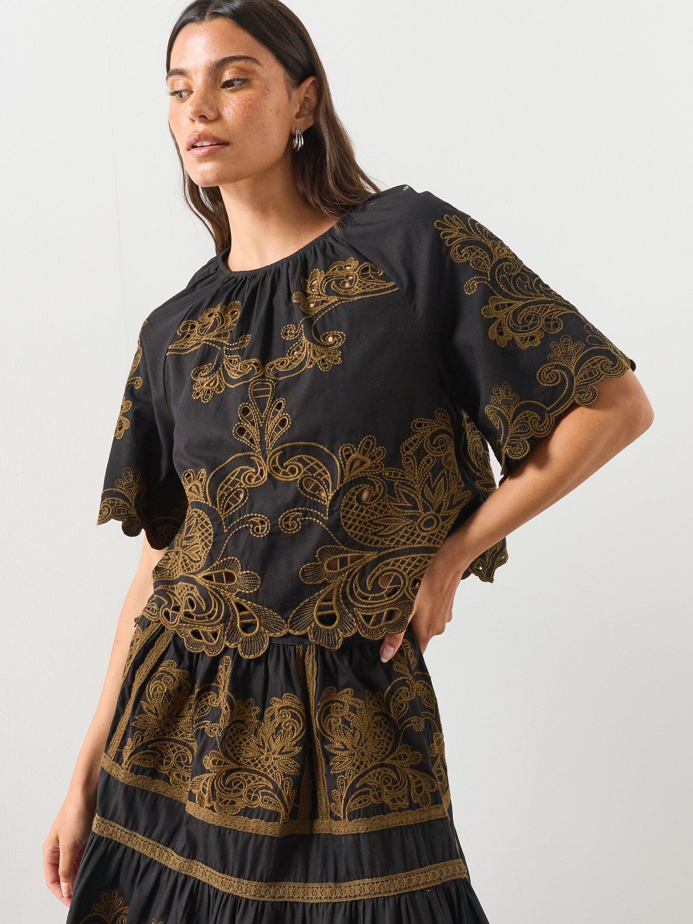 AllSaints Miriam Embroidered Short Sleeve Top - Black