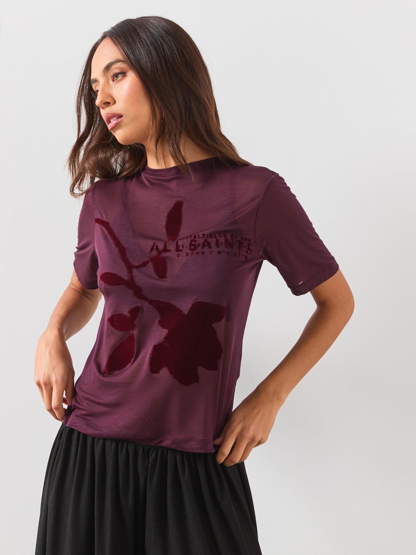 Image 1 of 6 of AllSaints Athea Graphic Sheer T-Shirt - Burgundy