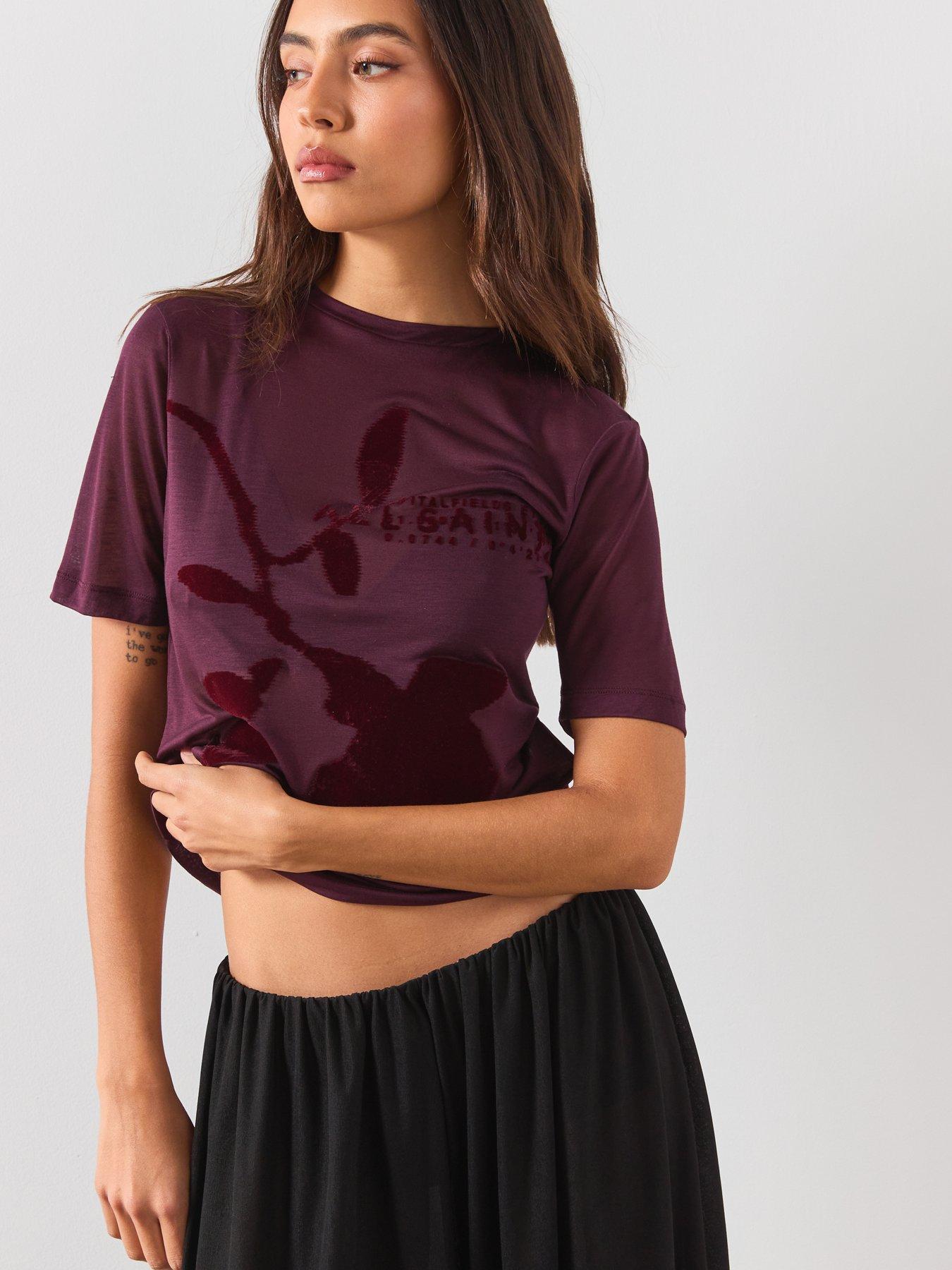 Image 4 of 6 of AllSaints Athea Graphic Sheer T-Shirt - Burgundy