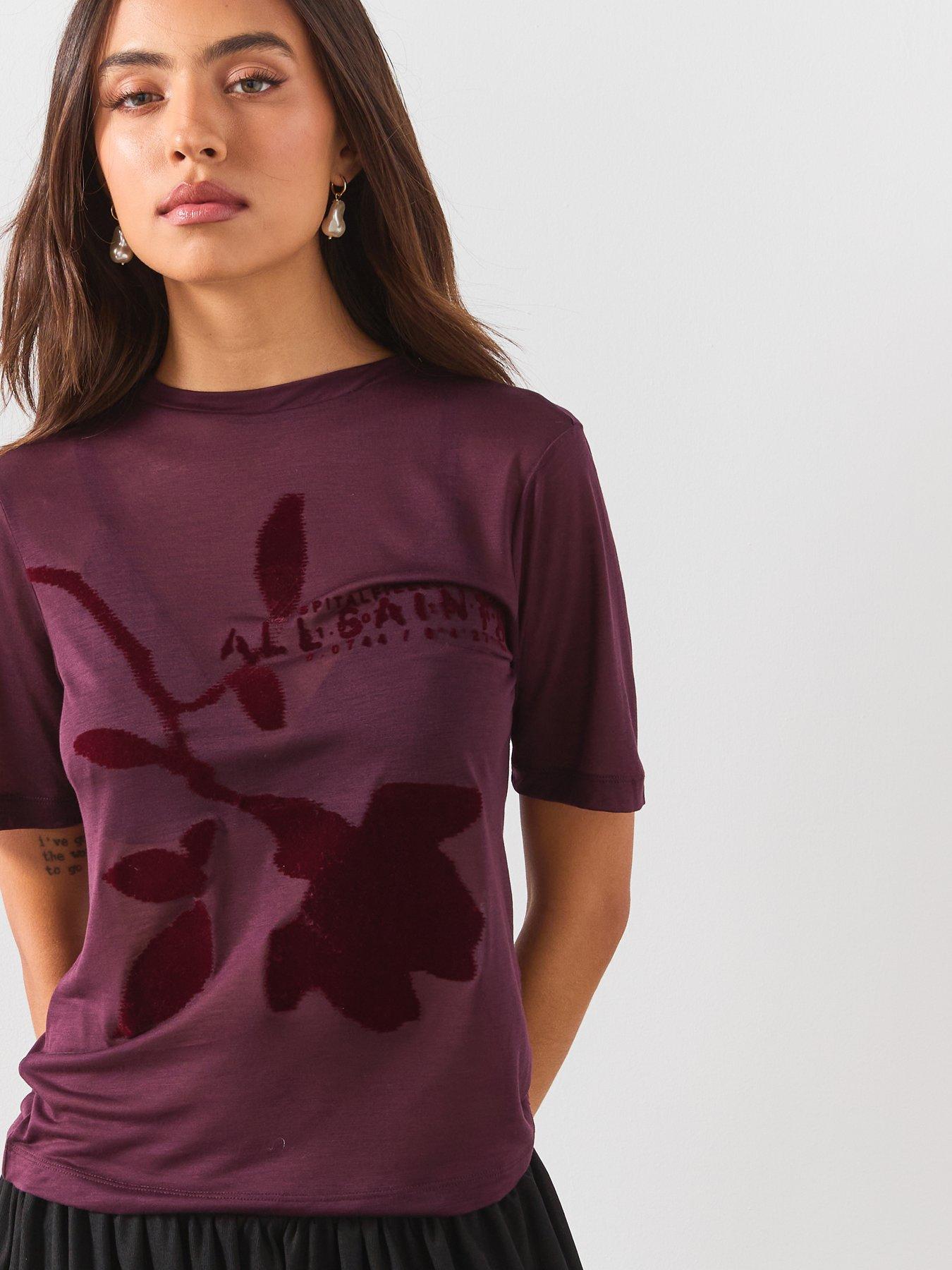 Image 5 of 6 of AllSaints Athea Graphic Sheer T-Shirt - Burgundy