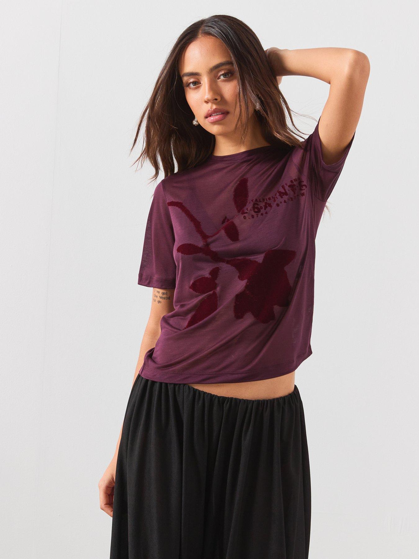 Image 6 of 6 of AllSaints Athea Graphic Sheer T-Shirt - Burgundy