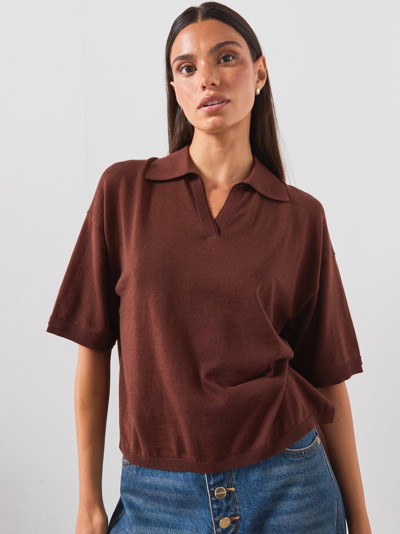 AllSaints Bern Short Sleeve Woven Wool Polo - Brown