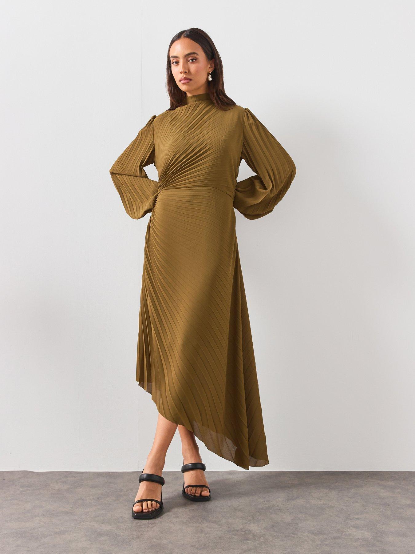 Image 1 of 5 of AllSaints Milena Asymmetric Pleated Midi Dress - Green