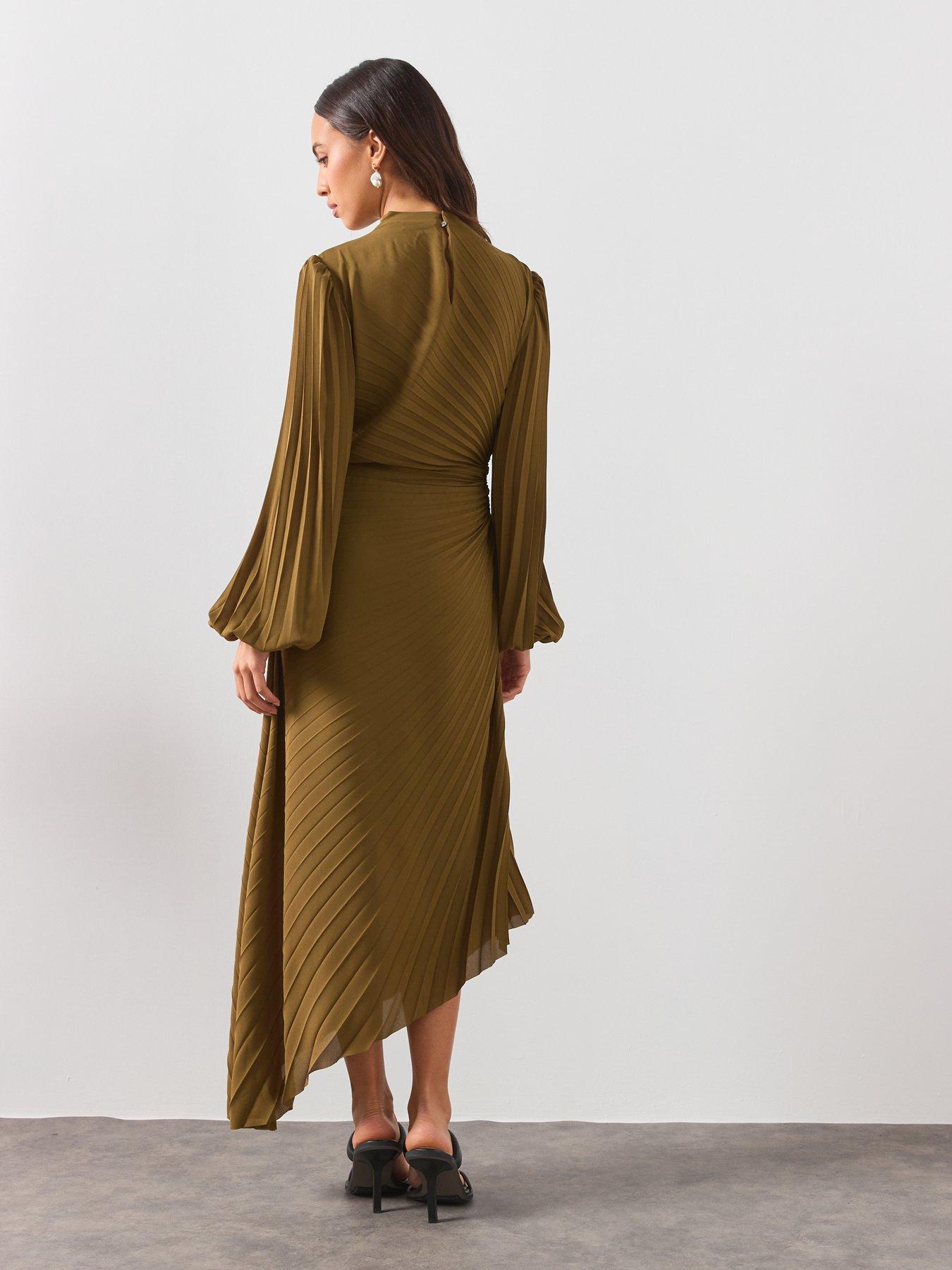 Image 2 of 5 of AllSaints Milena Asymmetric Pleated Midi Dress - Green