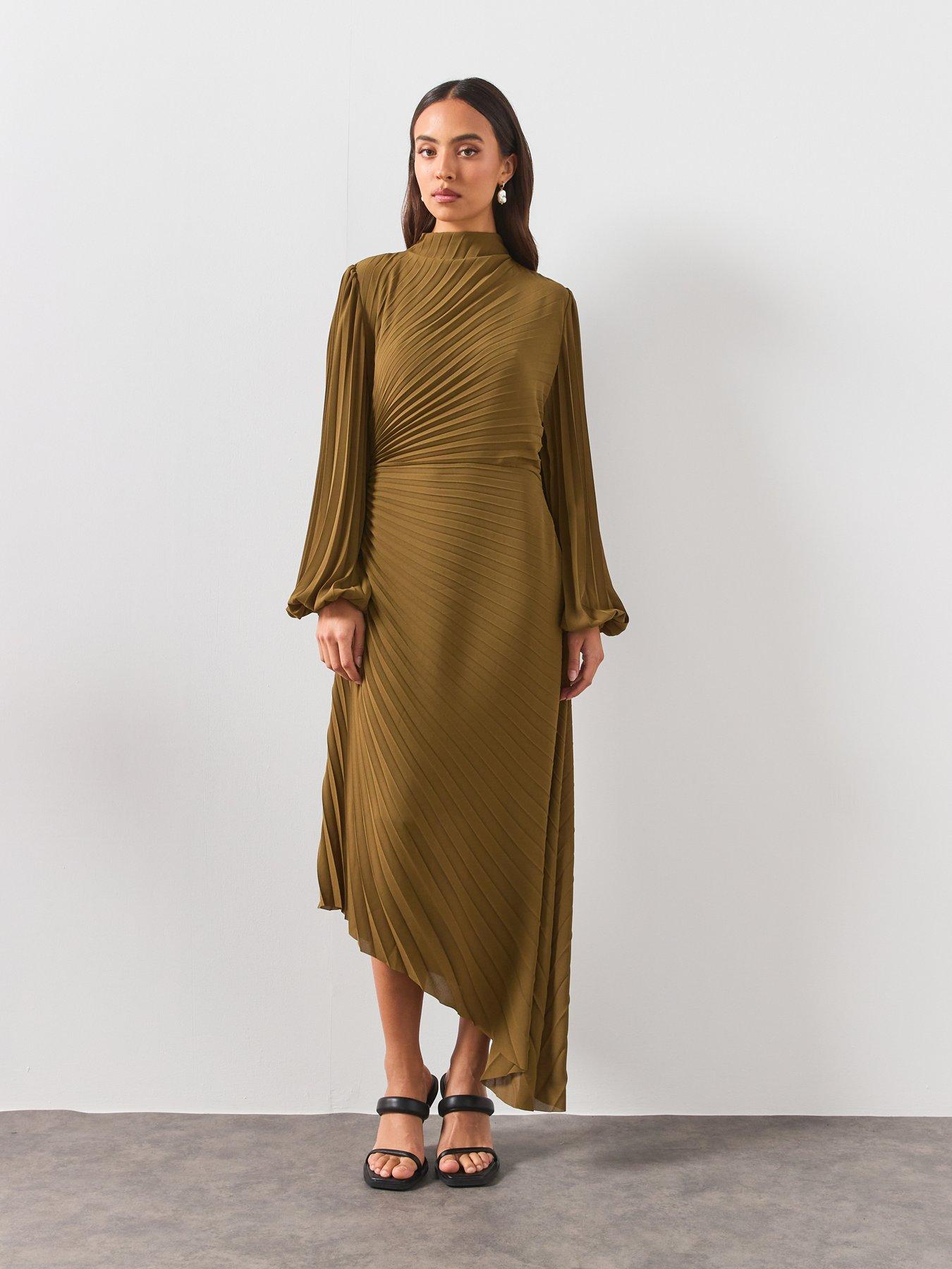 Image 3 of 5 of AllSaints Milena Asymmetric Pleated Midi Dress - Green
