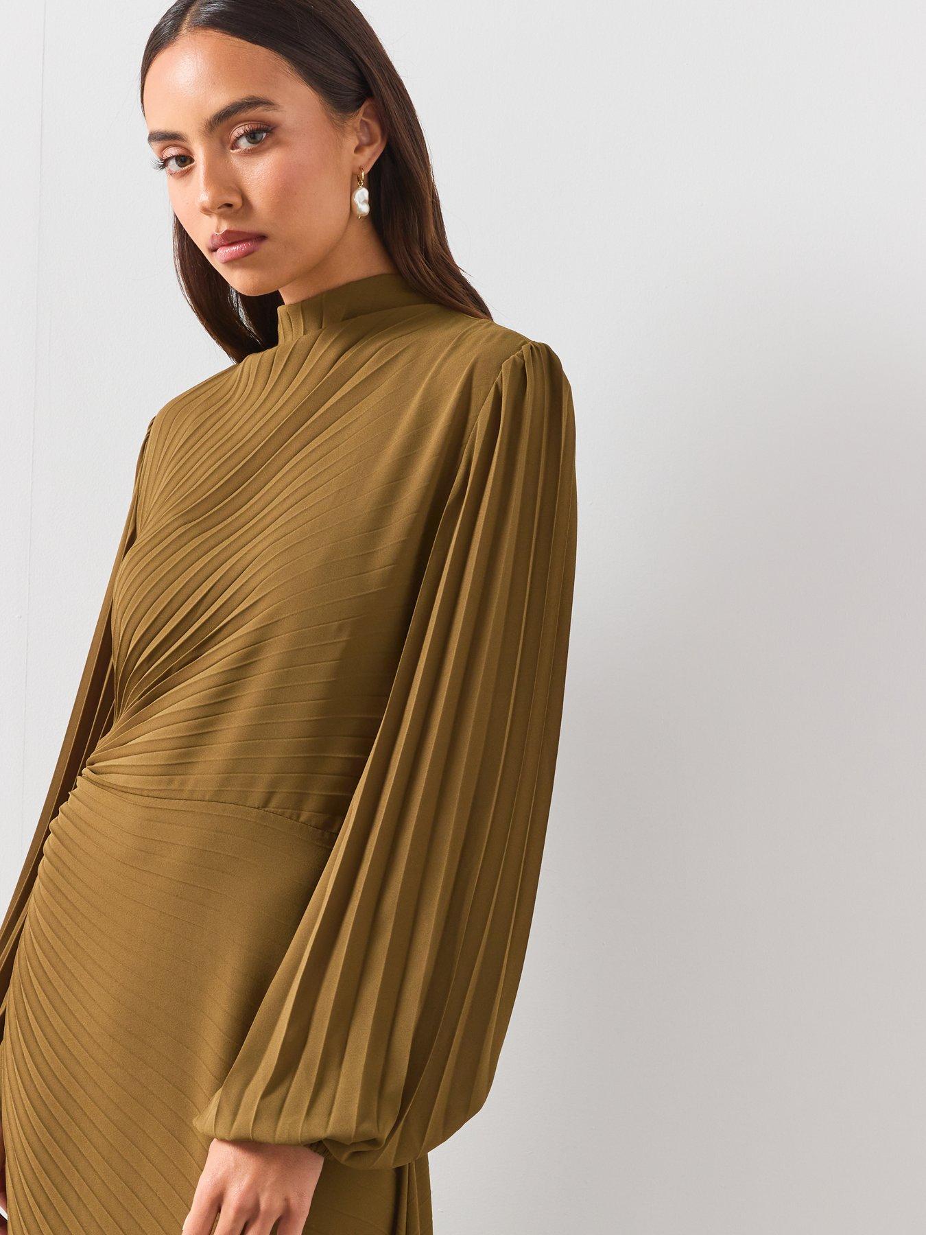 Image 4 of 5 of AllSaints Milena Asymmetric Pleated Midi Dress - Green