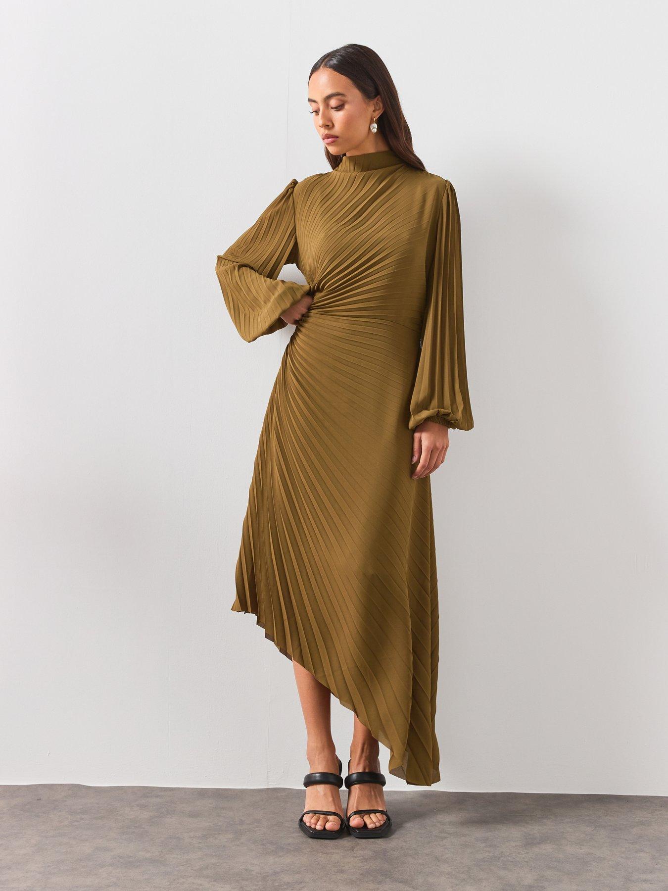 Image 5 of 5 of AllSaints Milena Asymmetric Pleated Midi Dress - Green