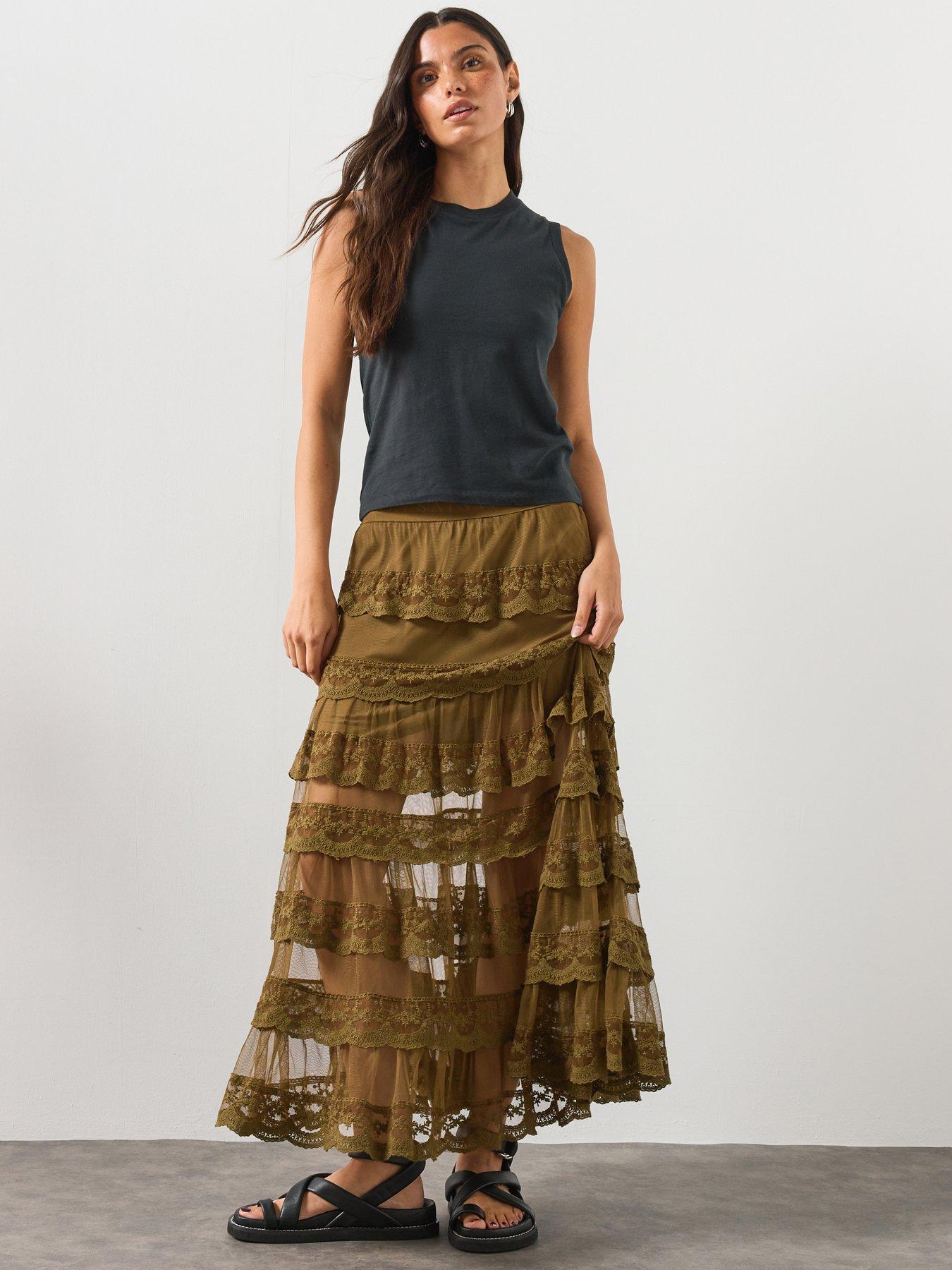 AllSaints Maggie Tiered Lace Maxi Skirt - Green