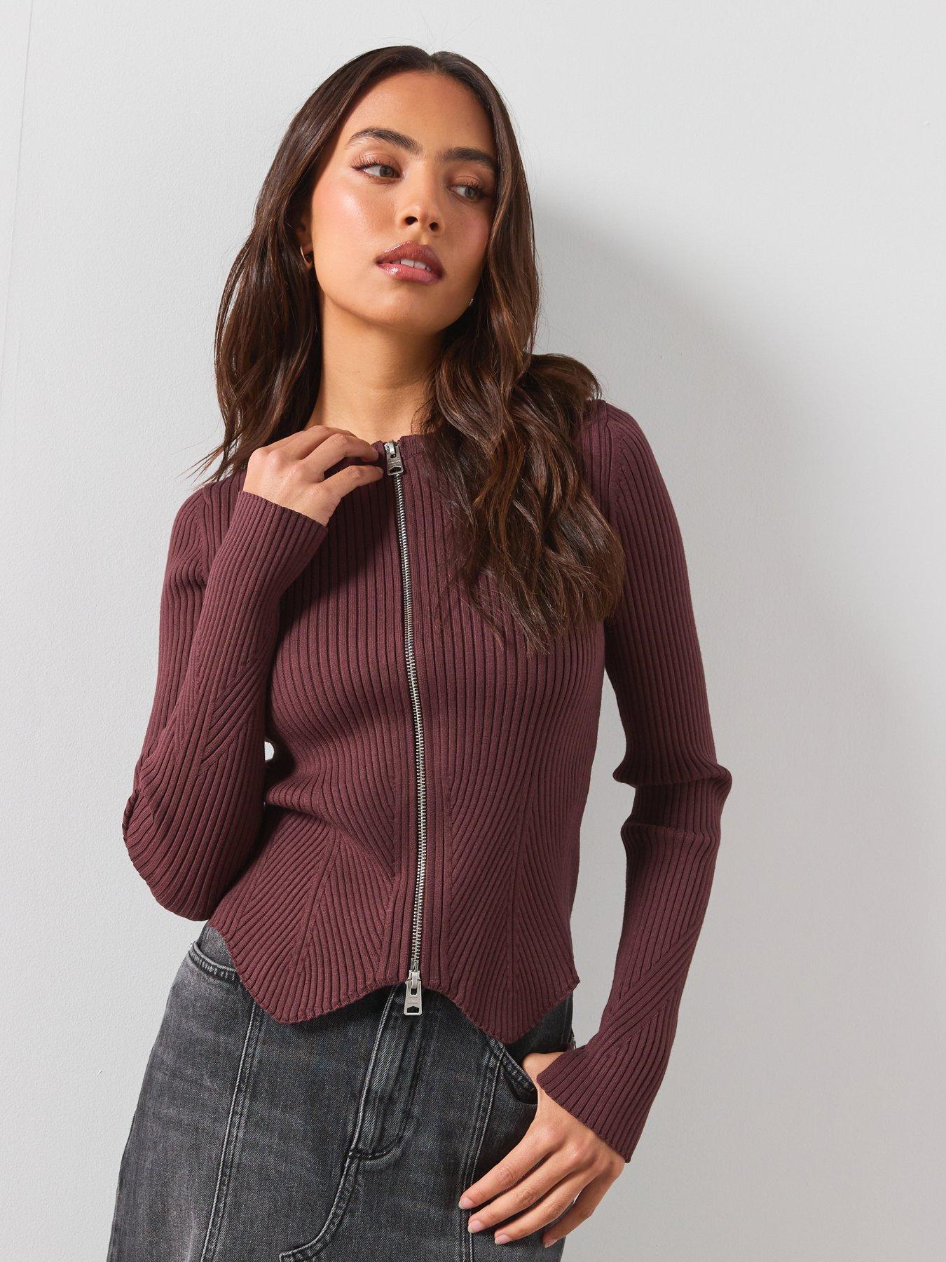 AllSaints Cruz Dual Zip Ribbed Cardigan - Brown