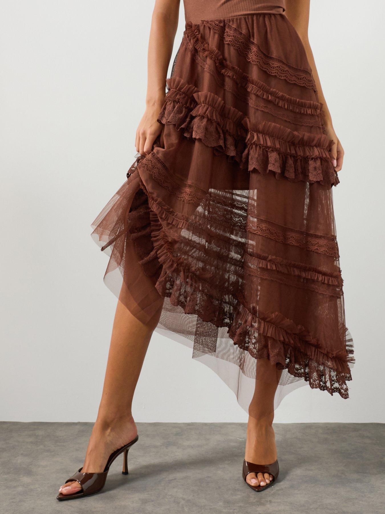 AllSaints Jen Tiered Lace Textile Midi Skirt - Brown