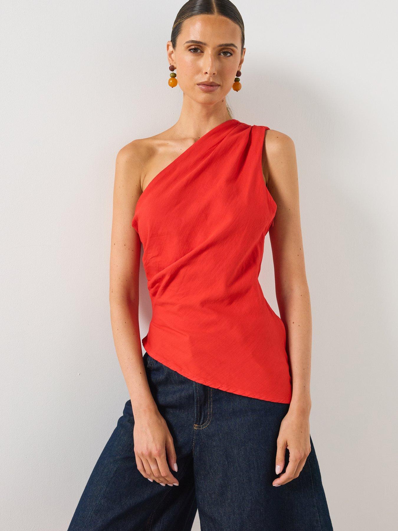 Mango Asymmetric Draped One-Shoulder Top - Red
