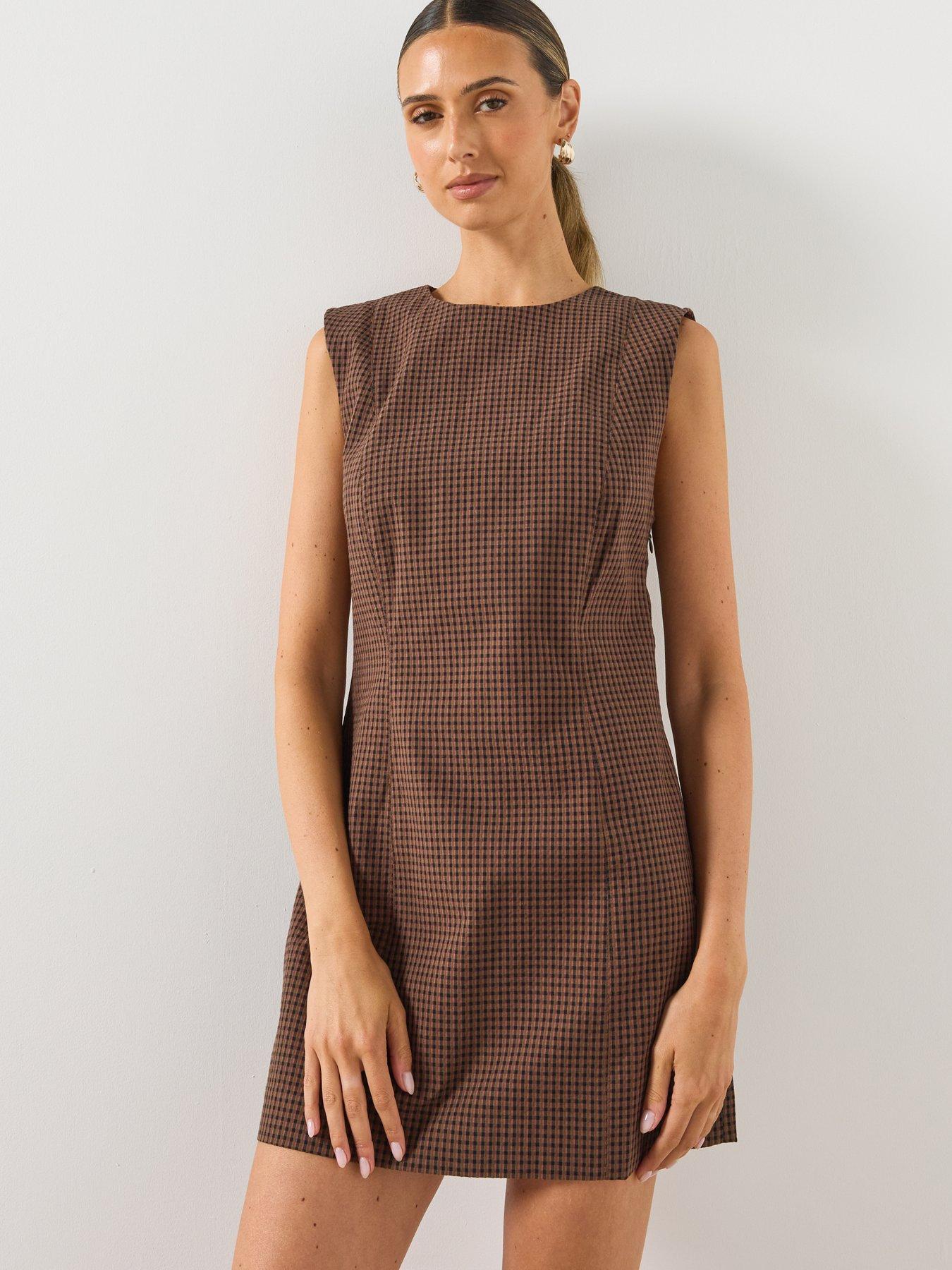 Mango Gingham Check Cottoned Dress - Brown