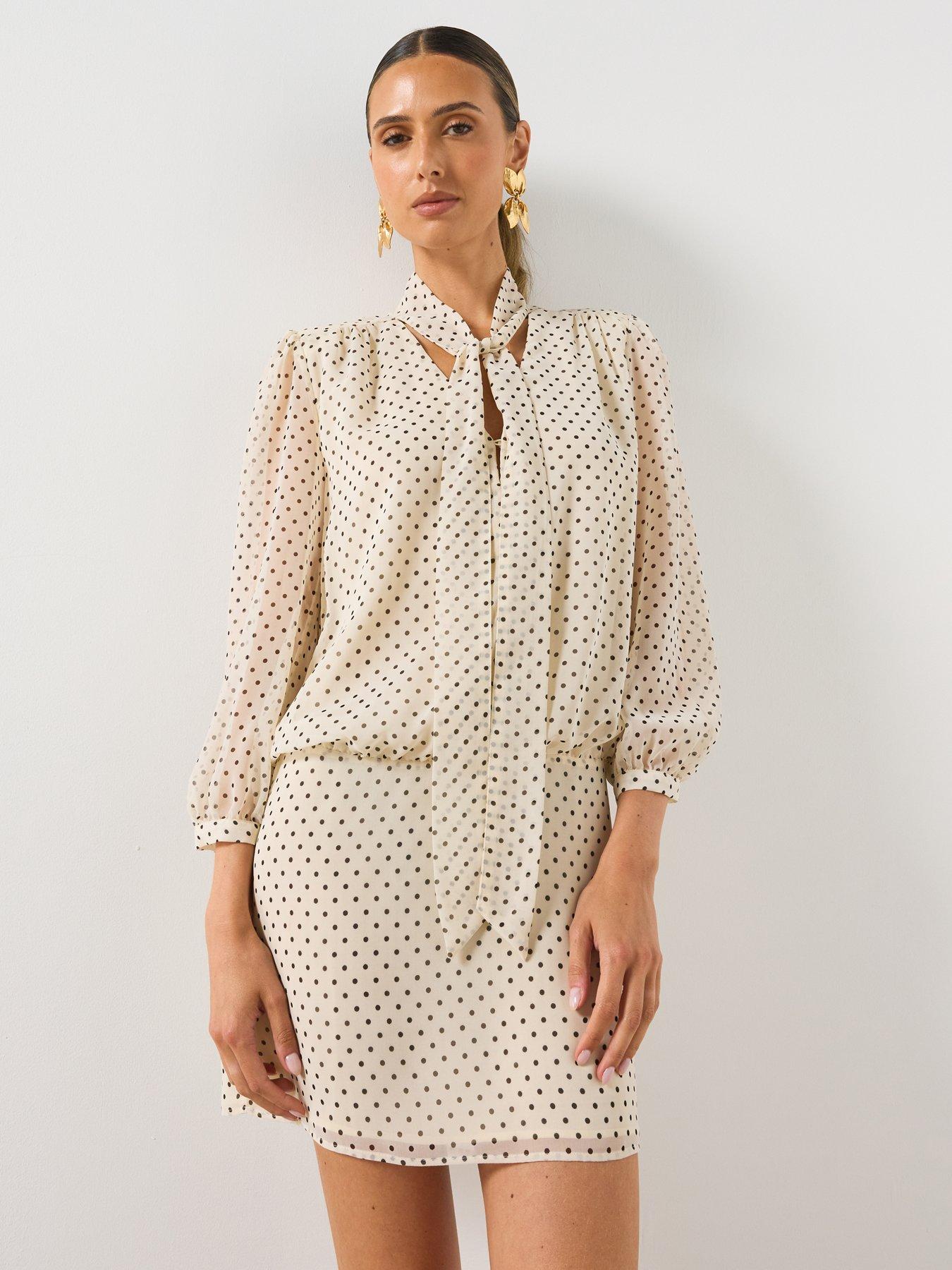 Mango Polka Dot Tie-Neck Mini Dress - Cream