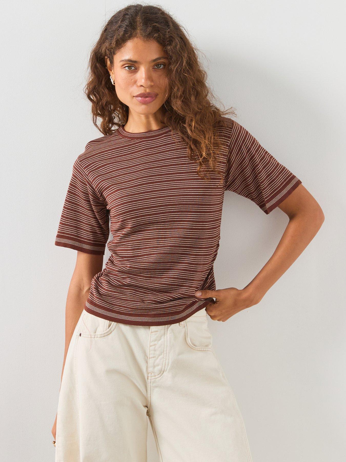 Mango Striped Short Sleeve Sweater - Brown
