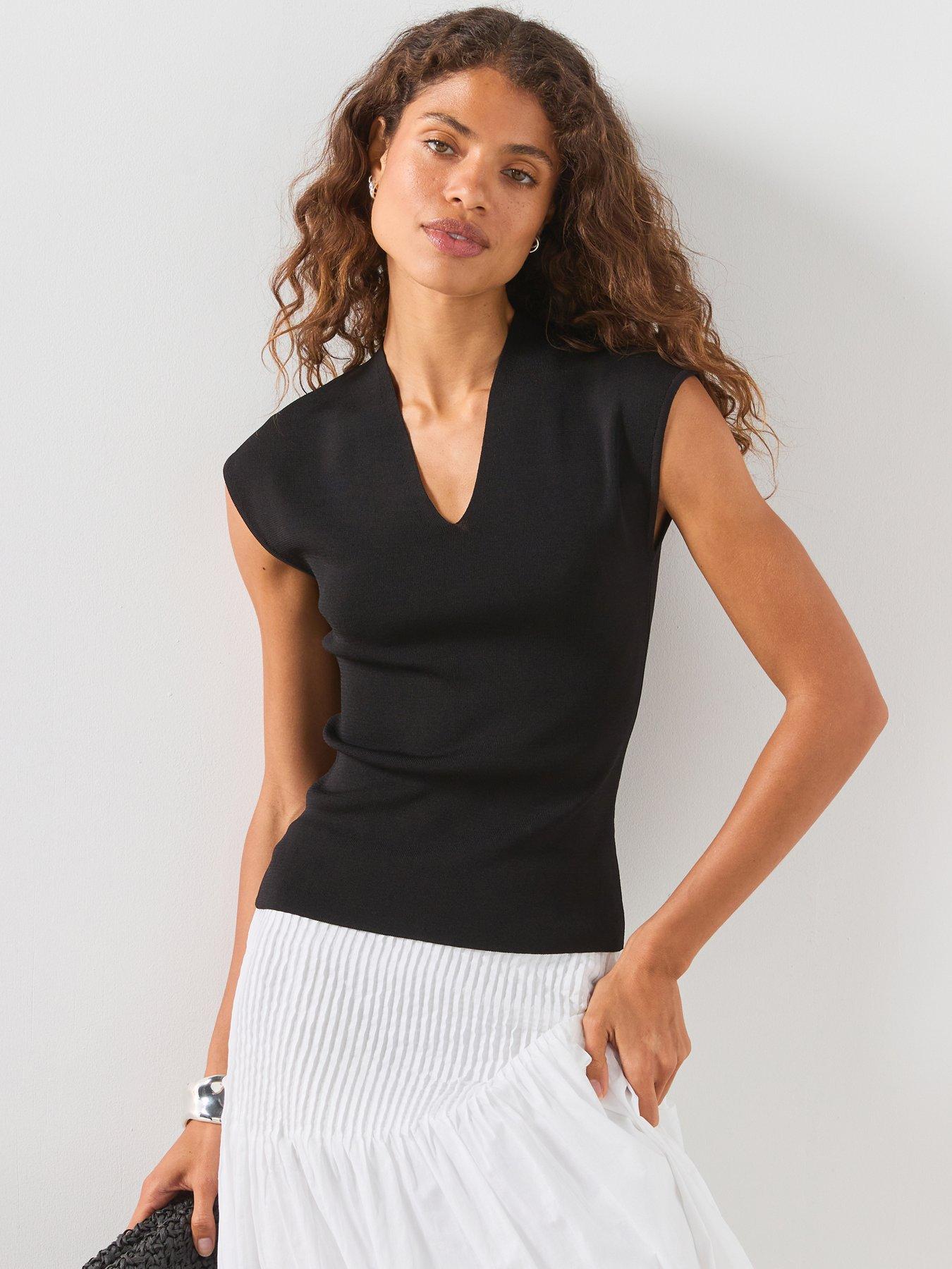 Mango Fine Knit V-Neck Top - Black