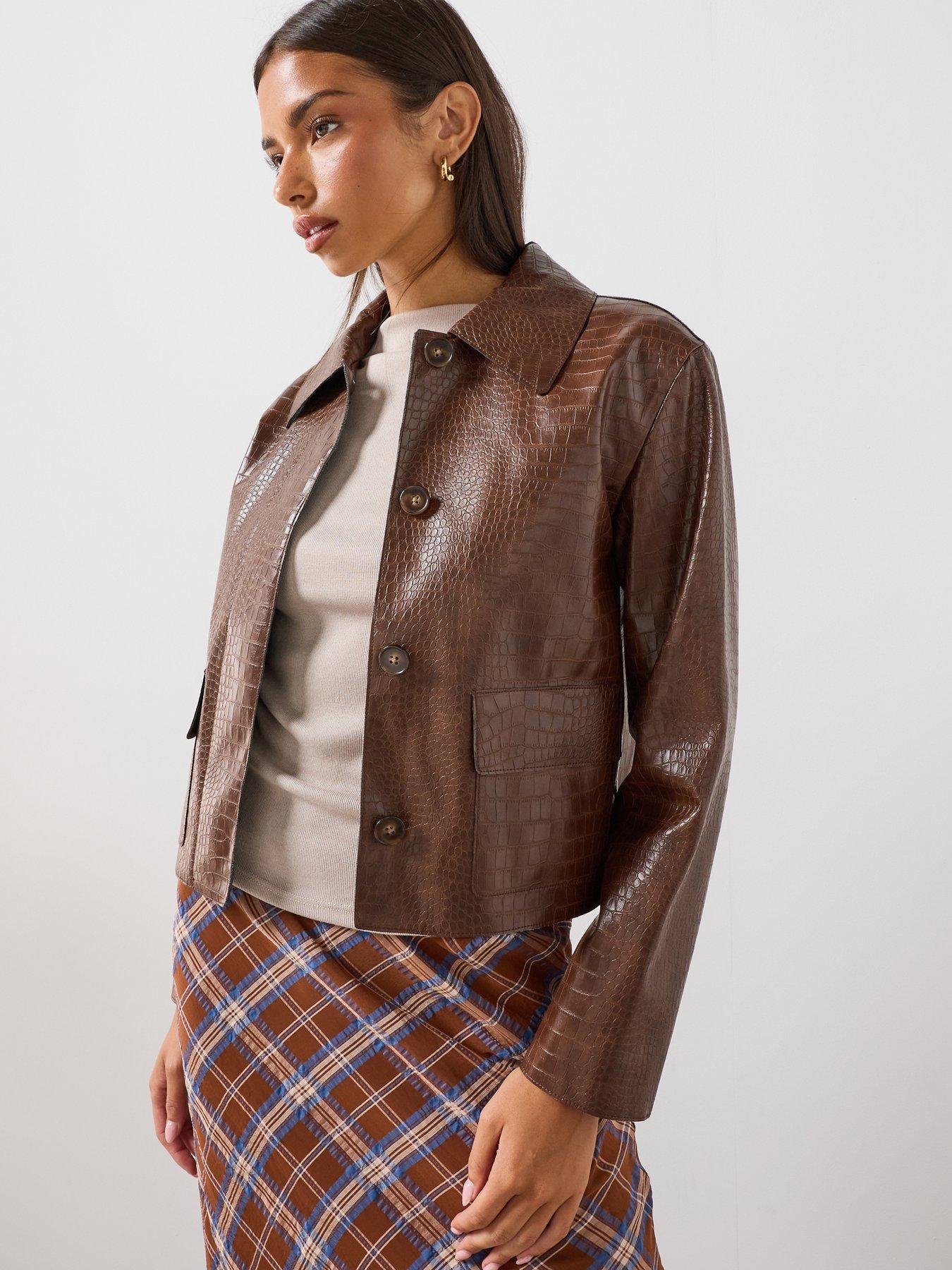 Mango Women's Croc-Effect Button-Front Cropped Jacket - Brown