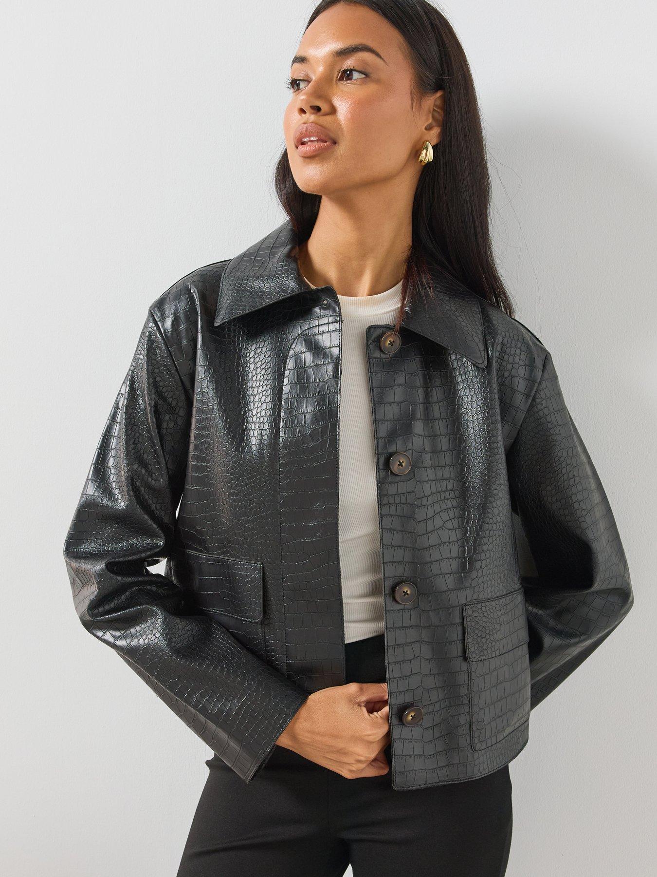 Image 1 of 6 of Mango Croc Effect Faux Leather Jacket - Black