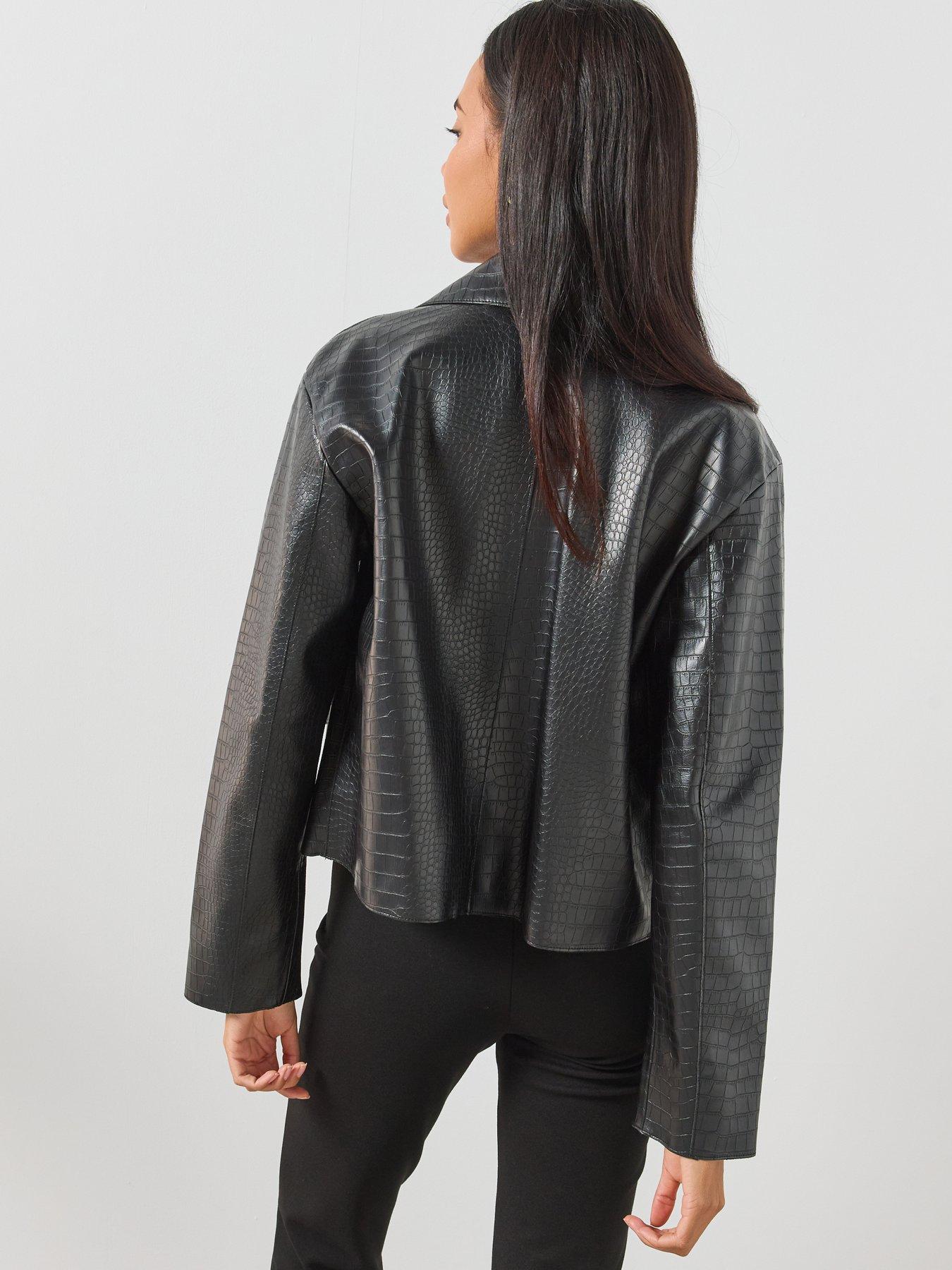 Image 2 of 6 of Mango Croc Effect Faux Leather Jacket - Black
