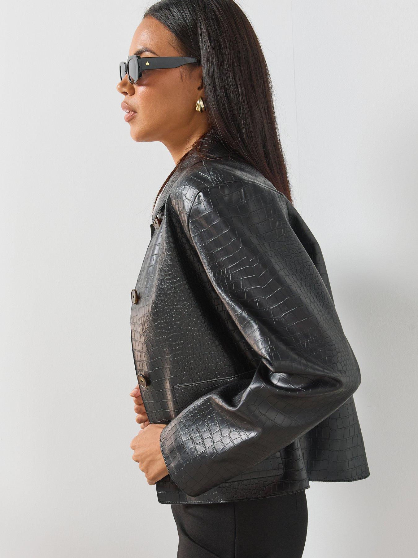 Image 4 of 6 of Mango Croc Effect Faux Leather Jacket - Black