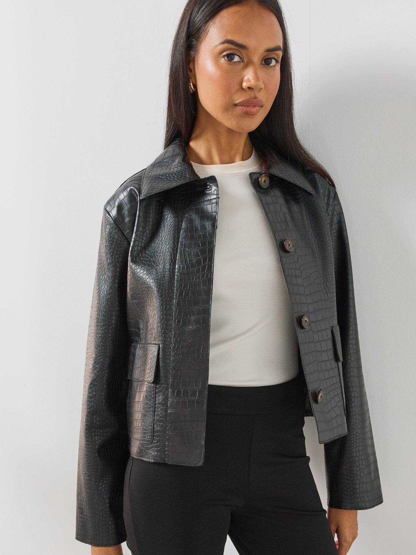 Image 5 of 6 of Mango Croc Effect Faux Leather Jacket - Black