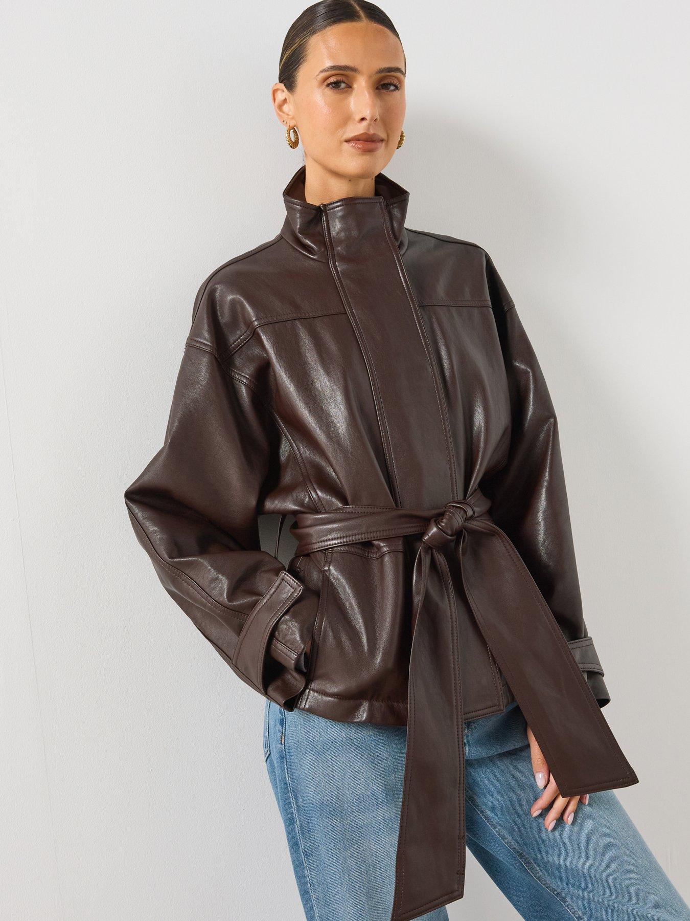 Mango Oversized Belted Faux Leather Jacket - Brown