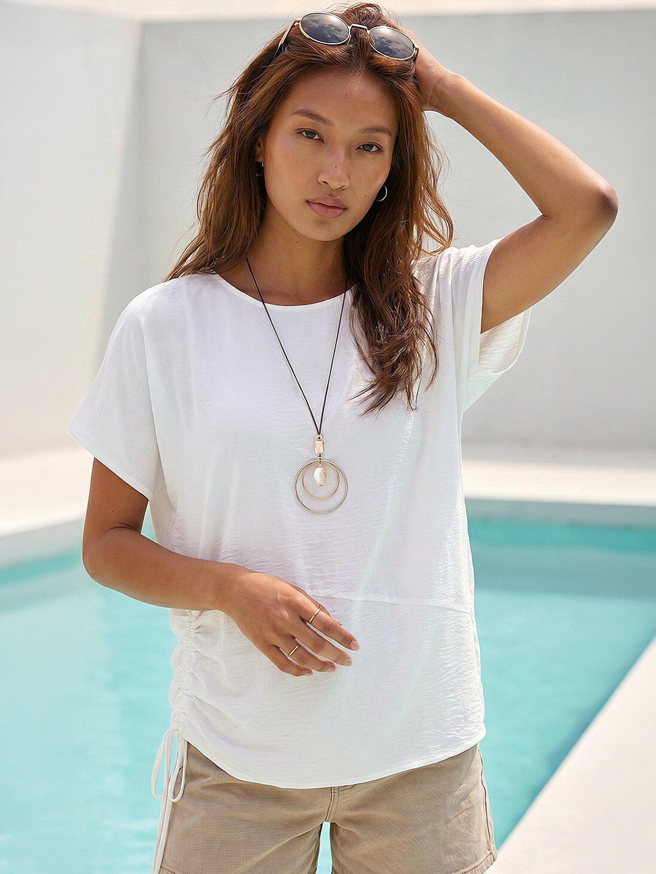 Roman Side Ruched Necklace Tunic Top