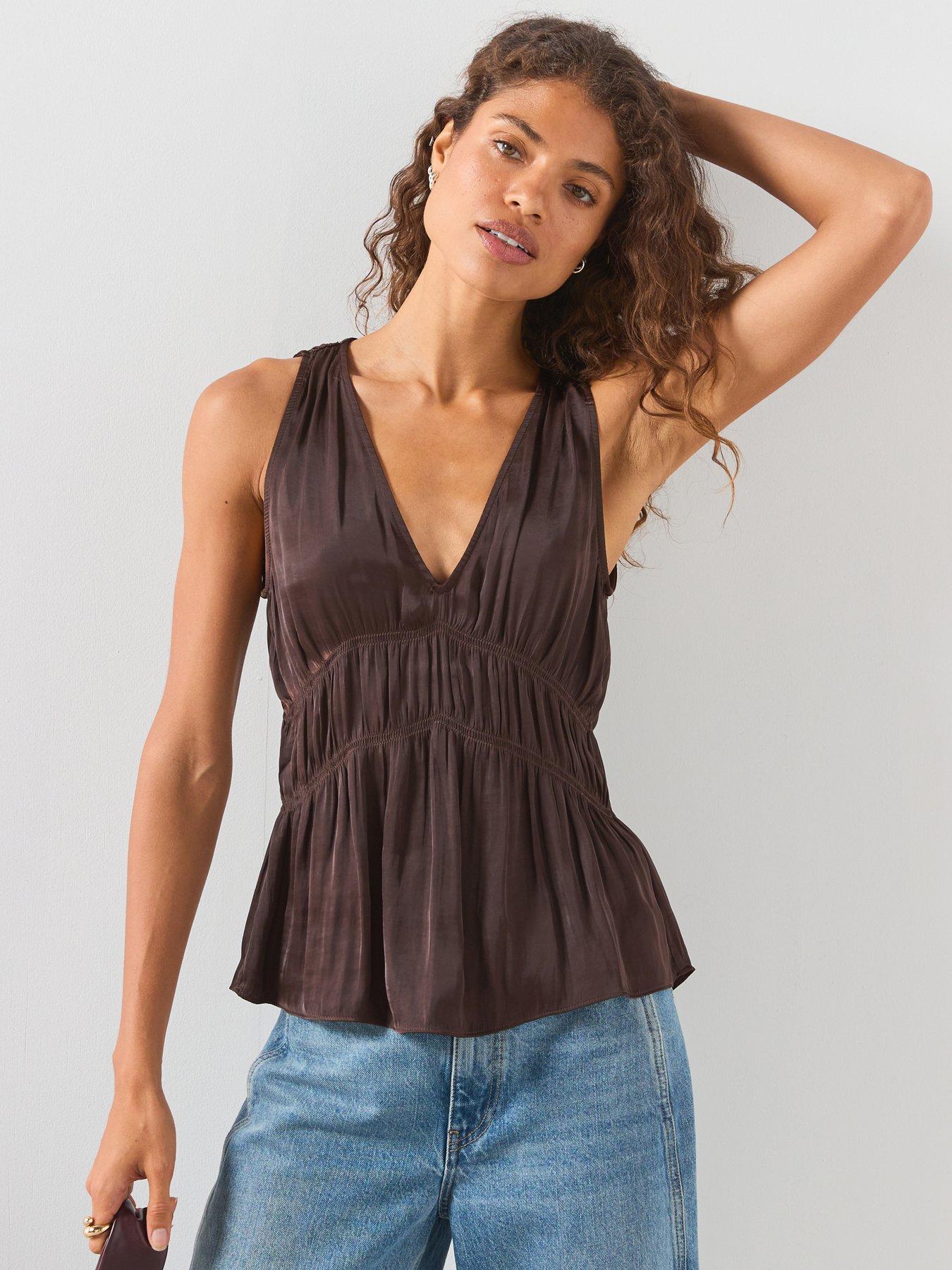 Mango Ruched V-Neck Top - Brown