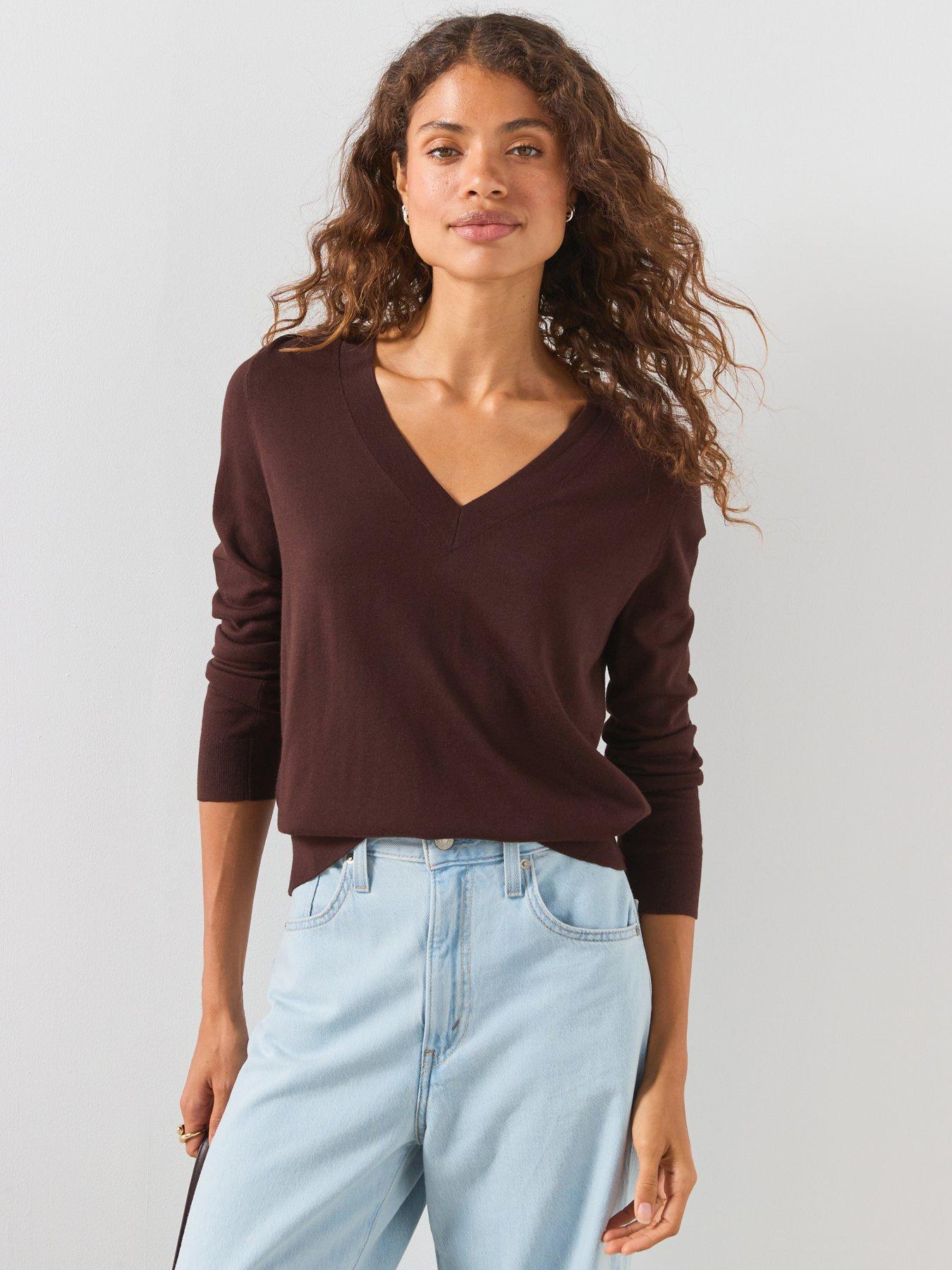Mango V-Neck Knit Sweater - Brown
