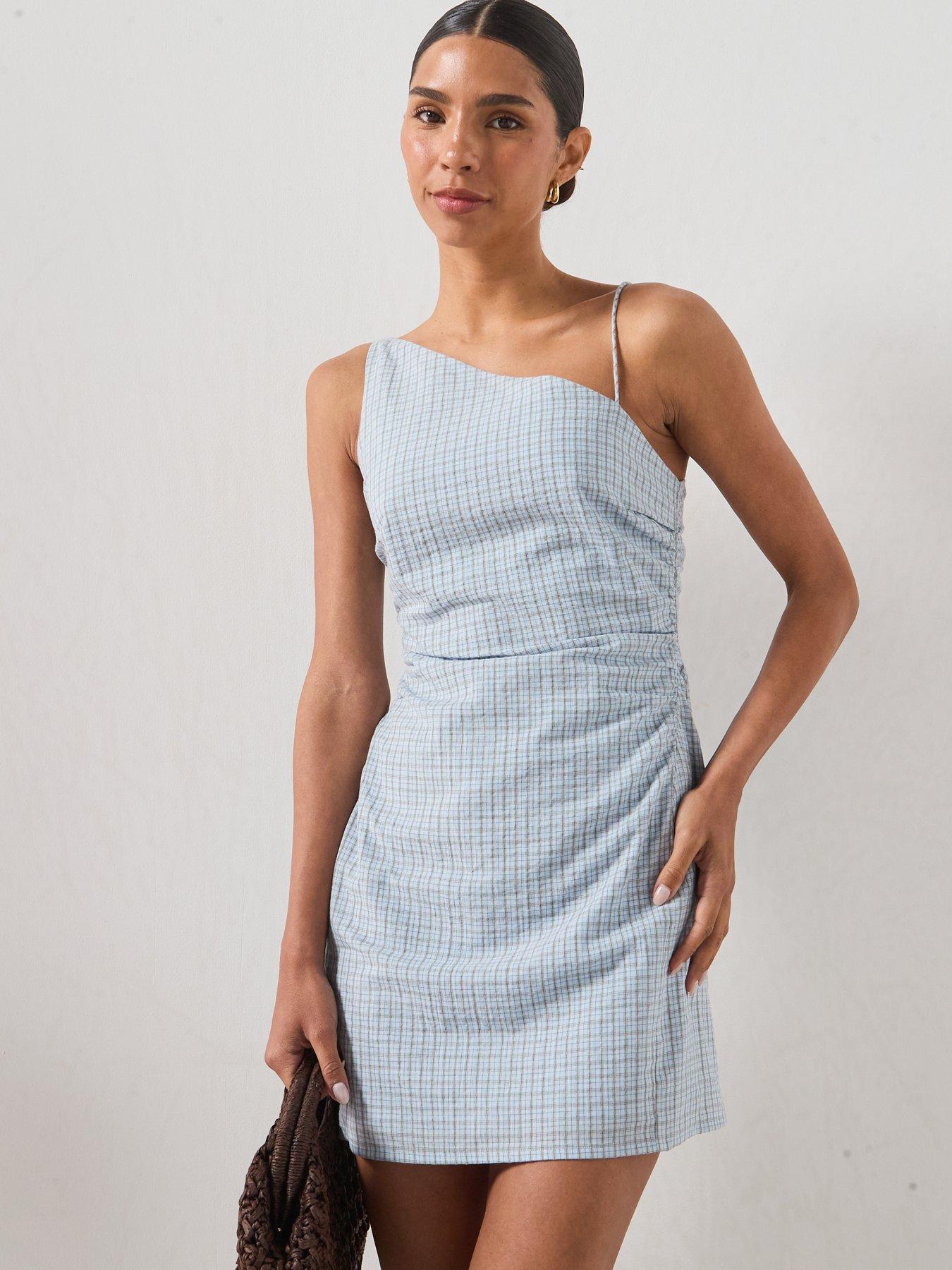 Mango Ruched Asymmetric Check Mini Dress - Blue