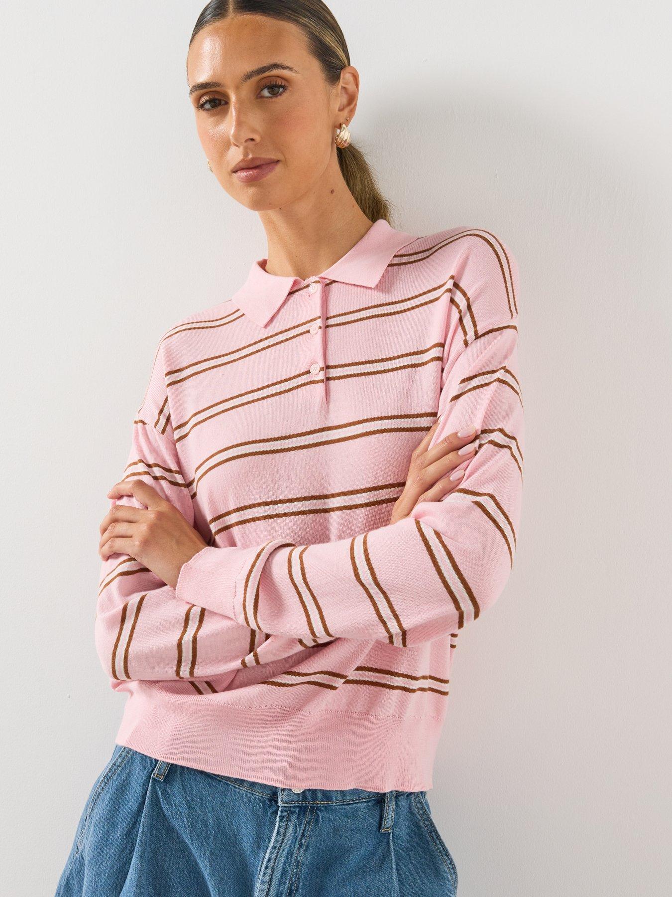 Mango Striped Polo Collar Knit Sweater - Pastel Pink