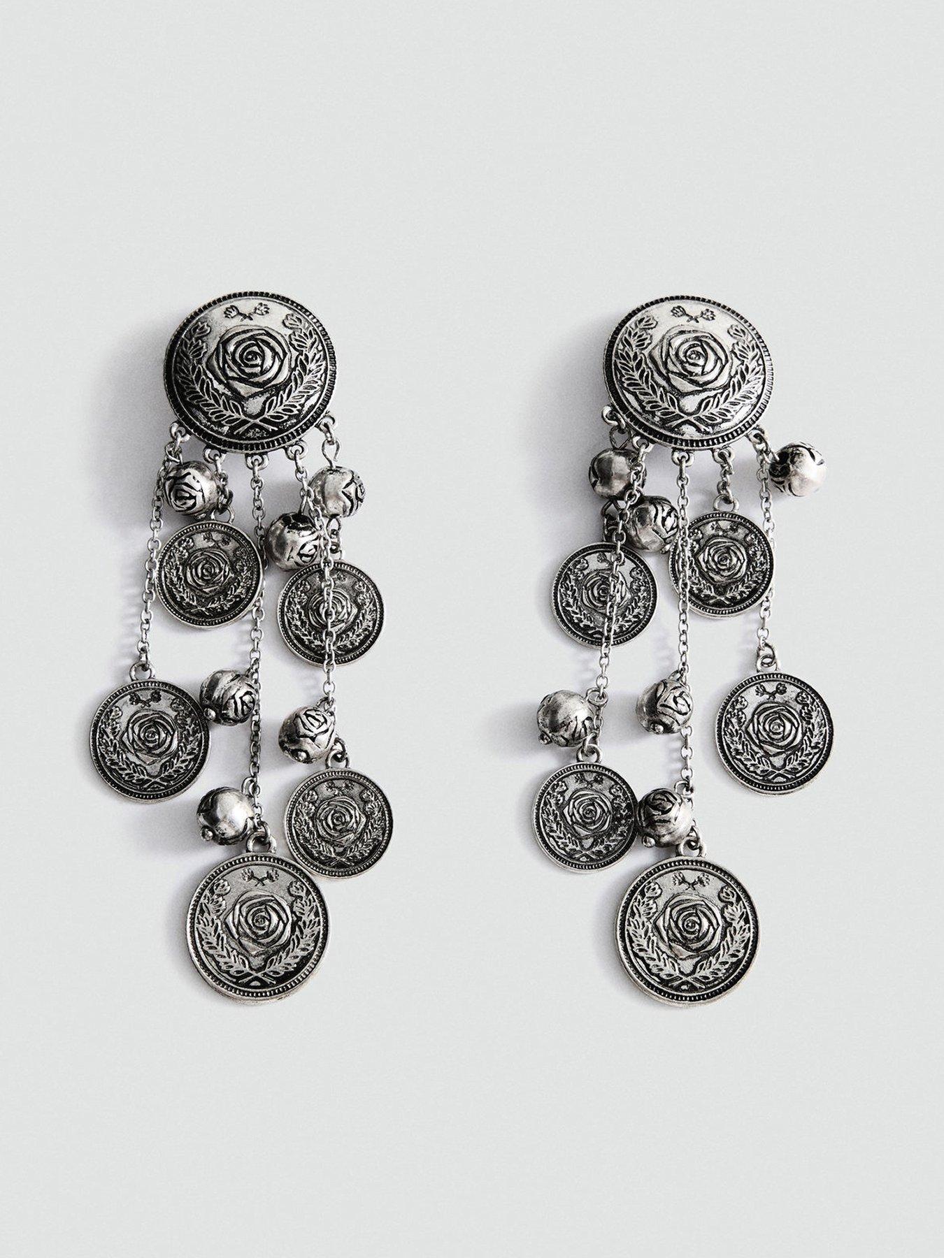 Image 1 of 3 of Mango Engraved Detail Drop Earrings - Silver