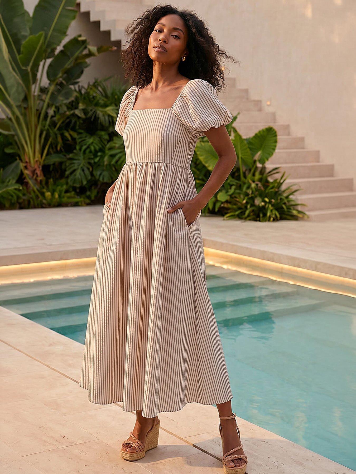 Image 3 of 4 of Roman Stripe Puff Sleeve Midi Dress
