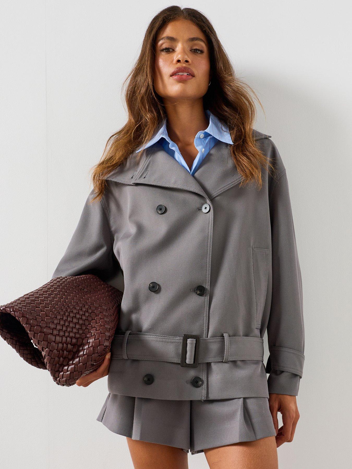 Image 1 of 6 of Mango Funnel Neck Belted Trench Coat - Grey