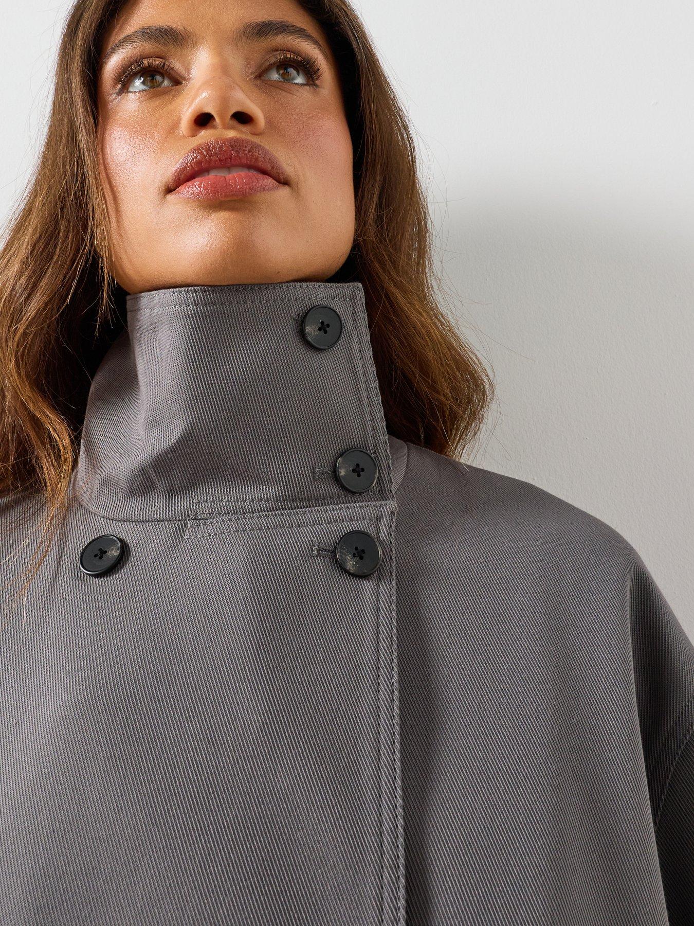 Image 4 of 6 of Mango Funnel Neck Belted Trench Coat - Grey