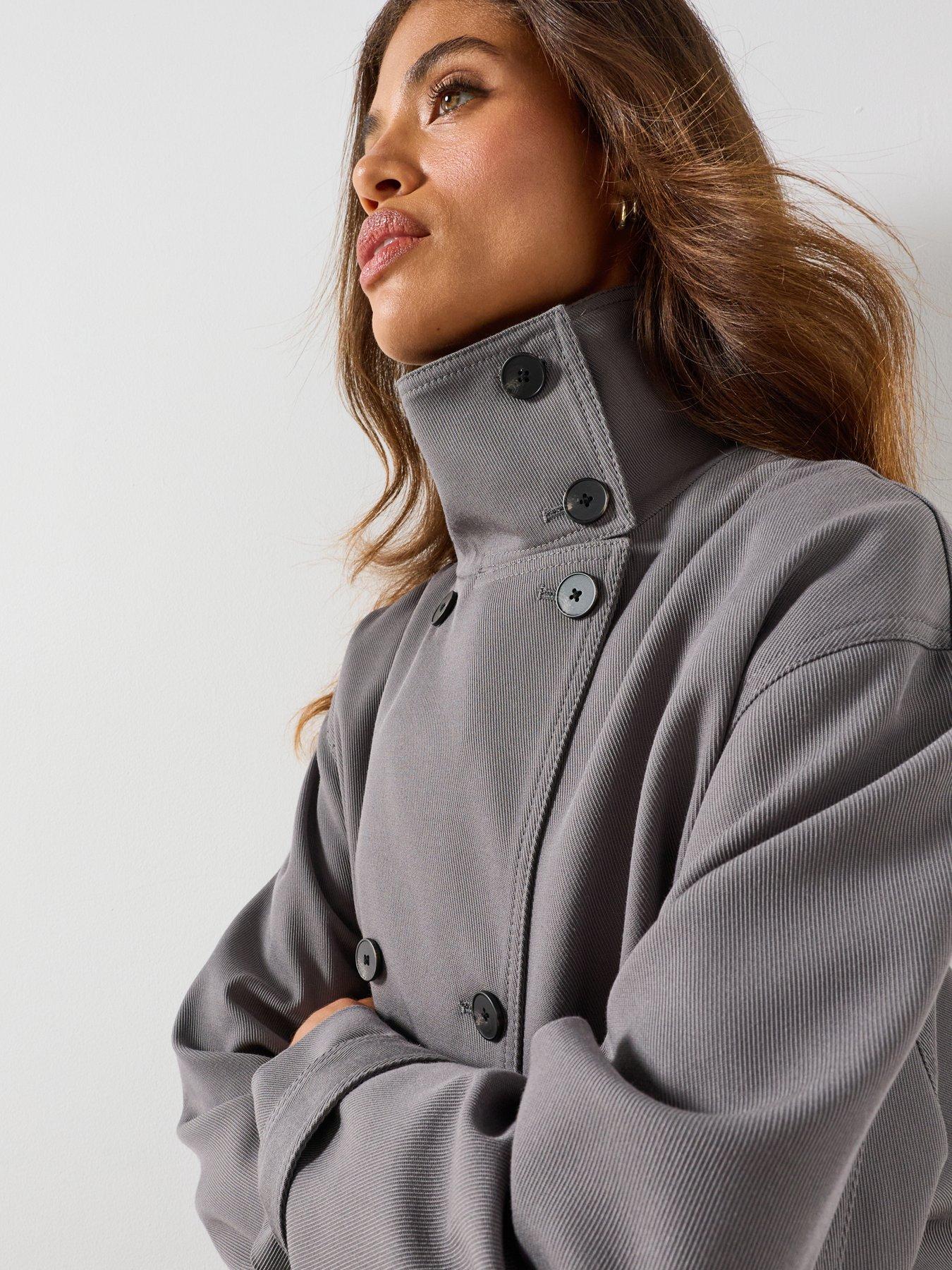 Image 5 of 6 of Mango Funnel Neck Belted Trench Coat - Grey