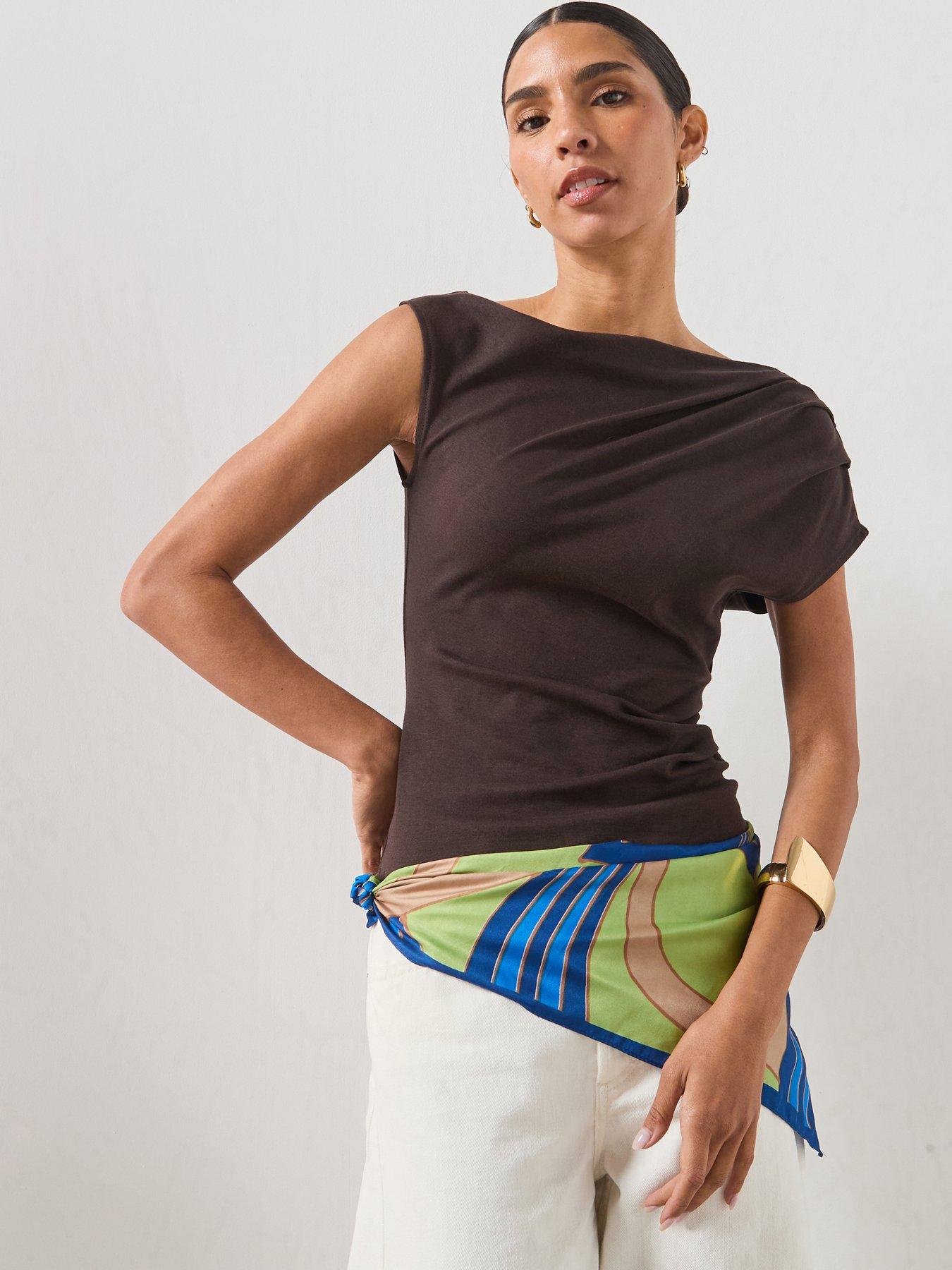 Mango Asymmetrical Ruched T-Shirt - Brown